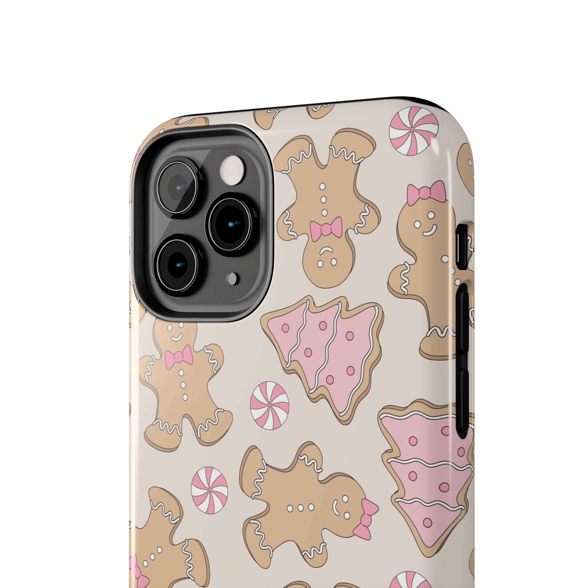 Cute Gingerbread Girlie Christmas phone case with festive cookies and candies design, perfect for colorful iPhone protection.