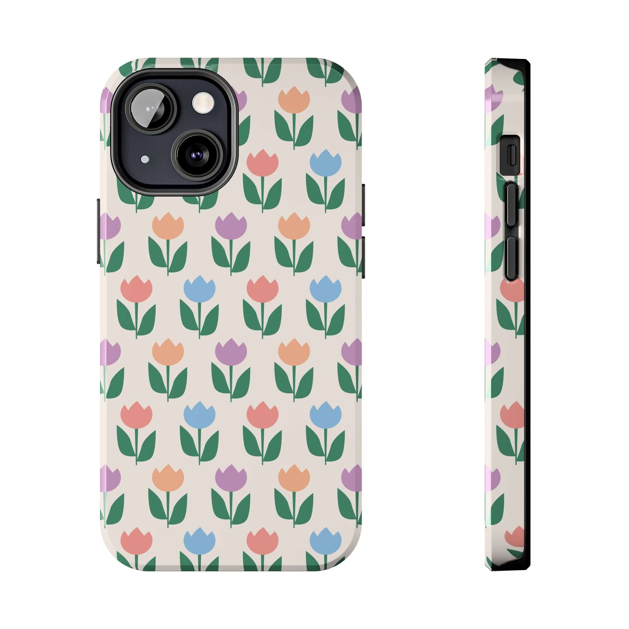 iPhone 14 Pro Max phone case with vibrant colorful tulip design, featuring playful floral patterns on the Stroll through Amsterdam Tulip Case