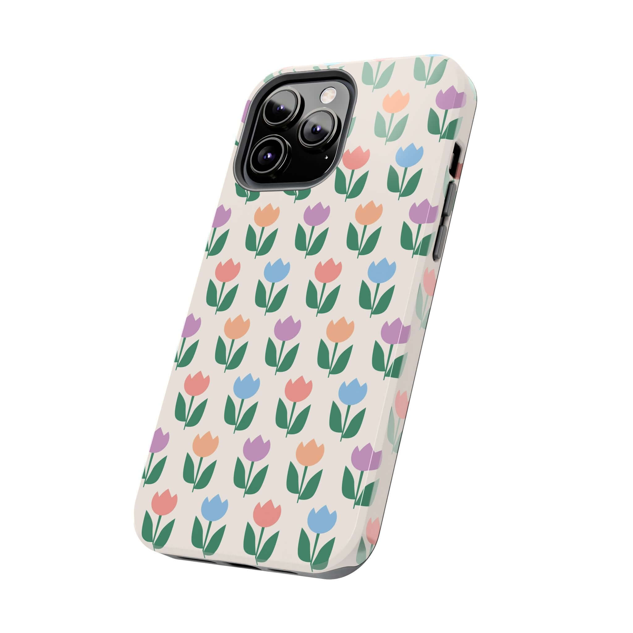 iPhone 14 Pro Max phone case with colorful tulip floral design on a white background