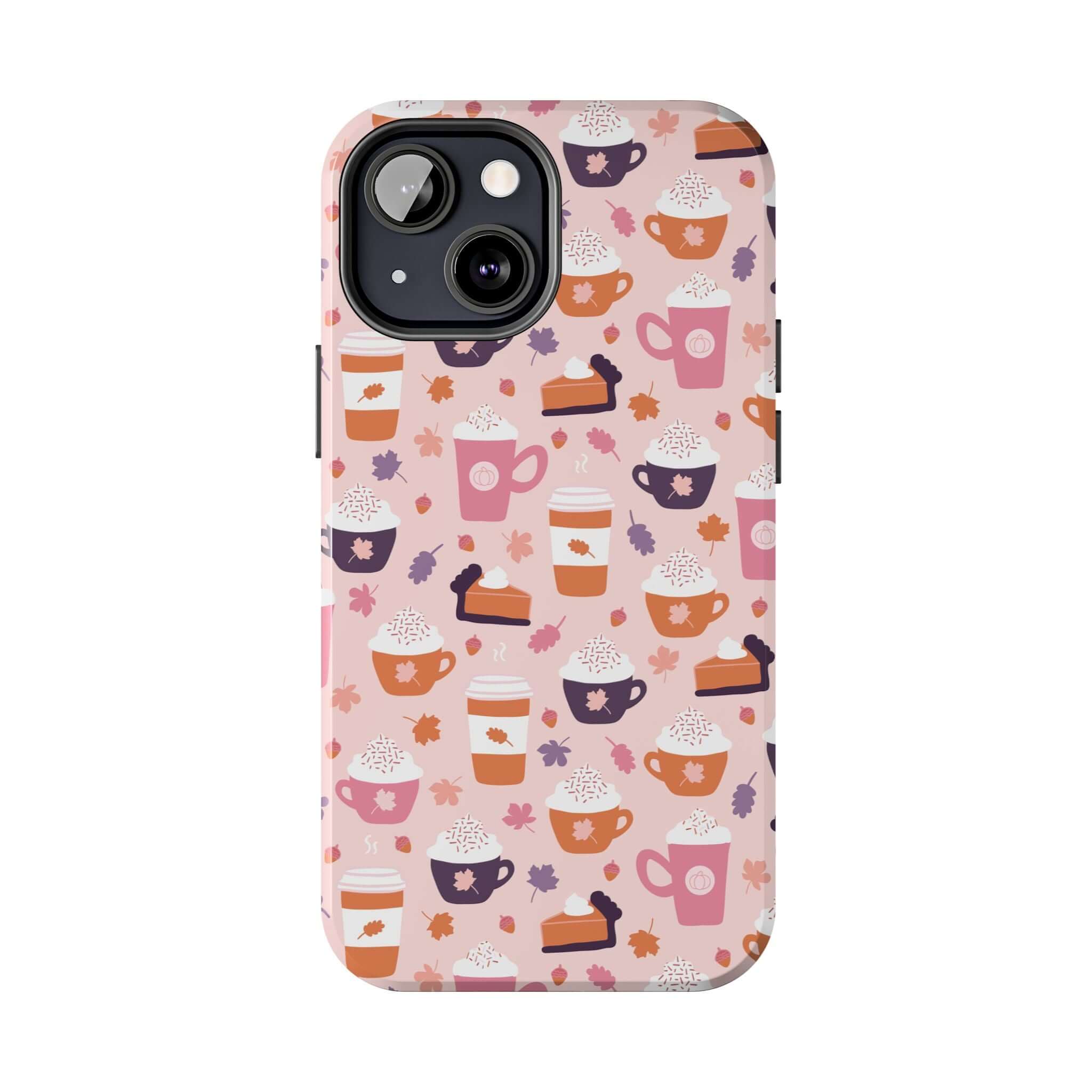 Cute iPhone case with fall-themed designs including coffee cups, pie slices, and autumn leaves, perfect for pumpkin spice lovers.