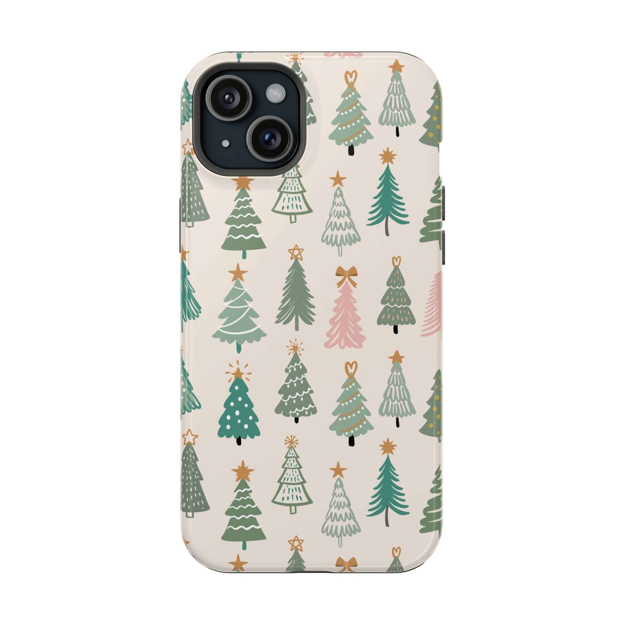 Christmas-themed MagSafe phone case with festive tree design, perfect for holiday spirit and phone protection.