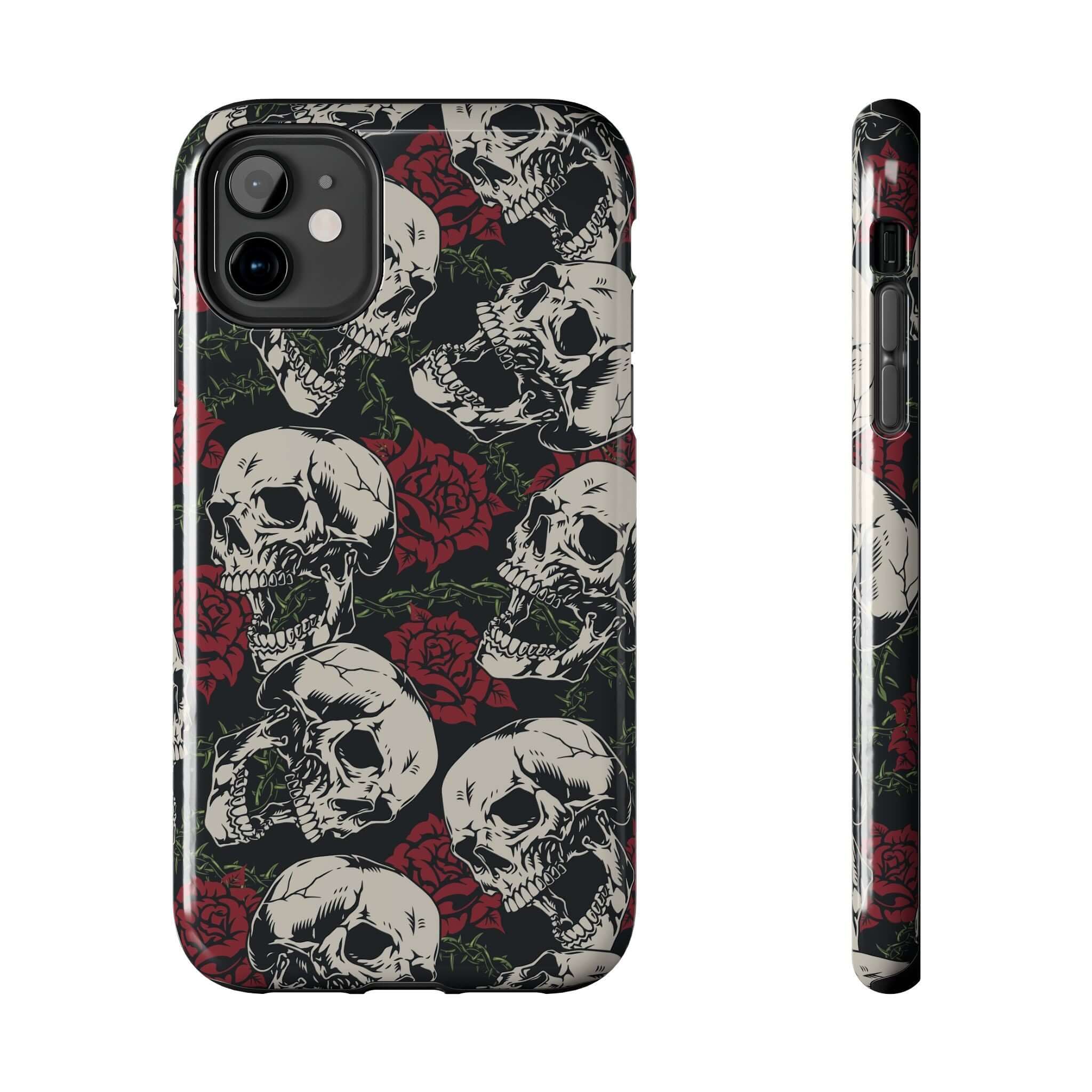 Skull Rose iPhone case with biker design, cute MagSafe iPhone 16 protective case with rebellious attitude and red roses.