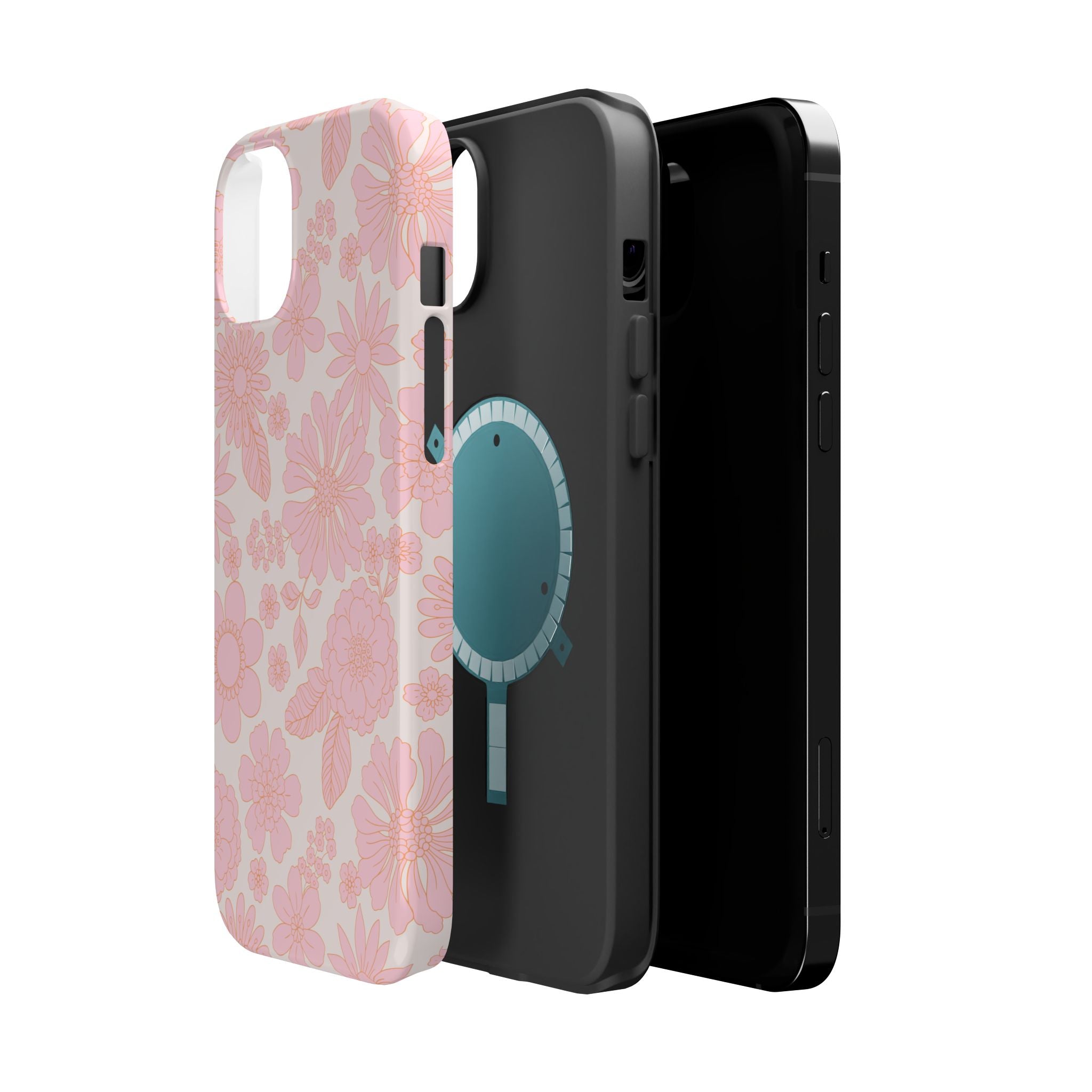 Pink floral iPhone 16 case with cottagecore design, featuring MagSafe compatibility and cute protection for your phone.