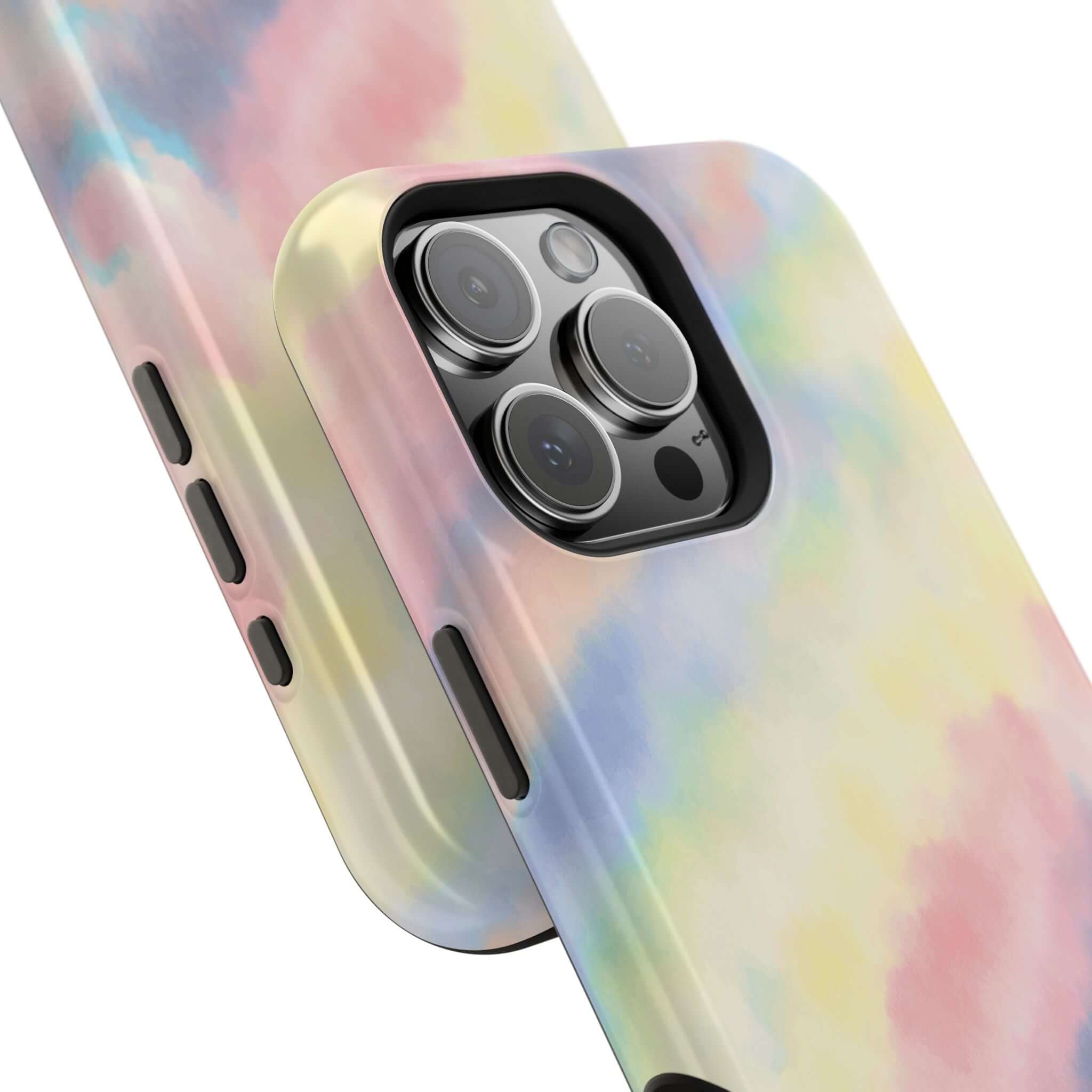 Cute pastel tie dye iPhone case, Unicorn Dreams, with MagSafe compatibility and colorful phone case design.