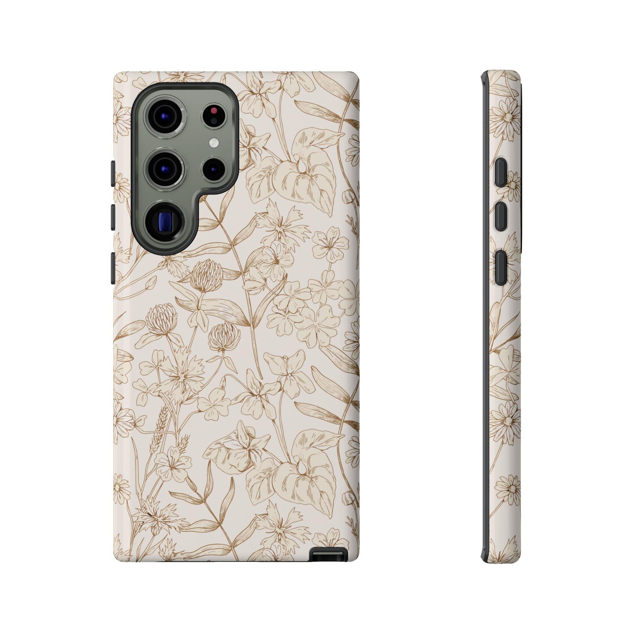 Beige Thyme Tan Garden Cute Phone Case for Samsung with floral design, also fits iPhone 16, versatile beige and tan colors