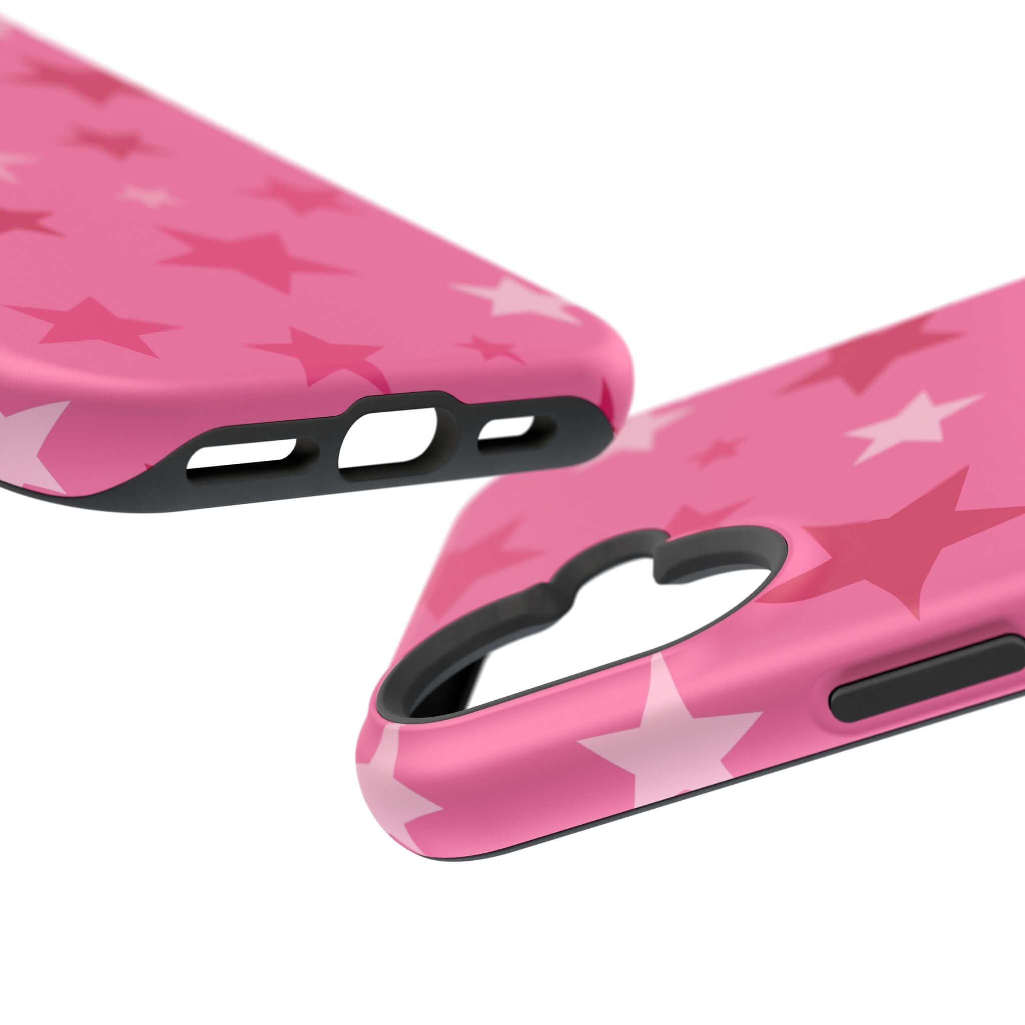 Cute pink stars iPhone case showcasing glossy stars and precise cutouts for easy access to ports. Perfect for trendy phone protection!