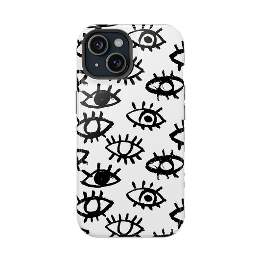 Boho Gaze Bohemian Drawing iPhone 14 case with hand-drawn bulging eyes, perfect for a cute and trendy boho style.