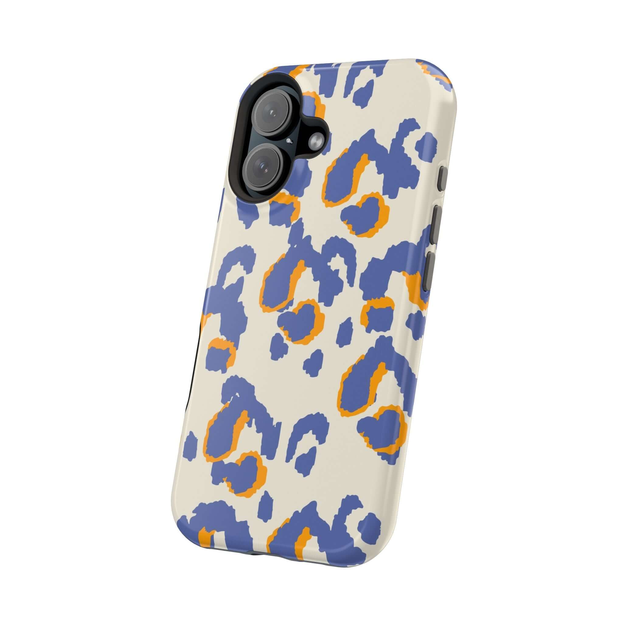 Colorful iPhone case with blue leopard print, featuring abstract design. Cute phone case adds a wild twist with vibrant colors.