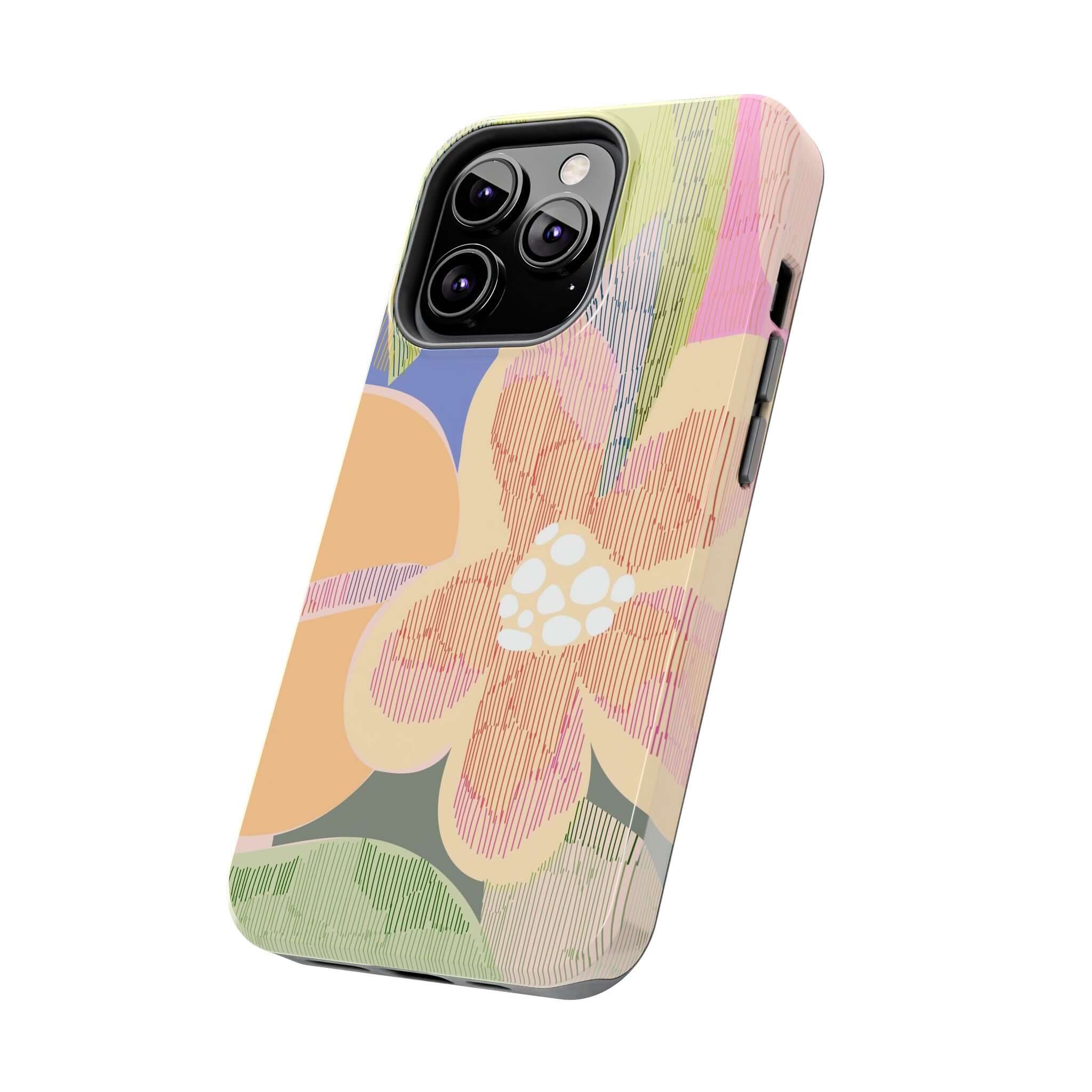 Beach Dreamer abstract floral iPhone 14 Pro Max case with colorful pastel palm tree design