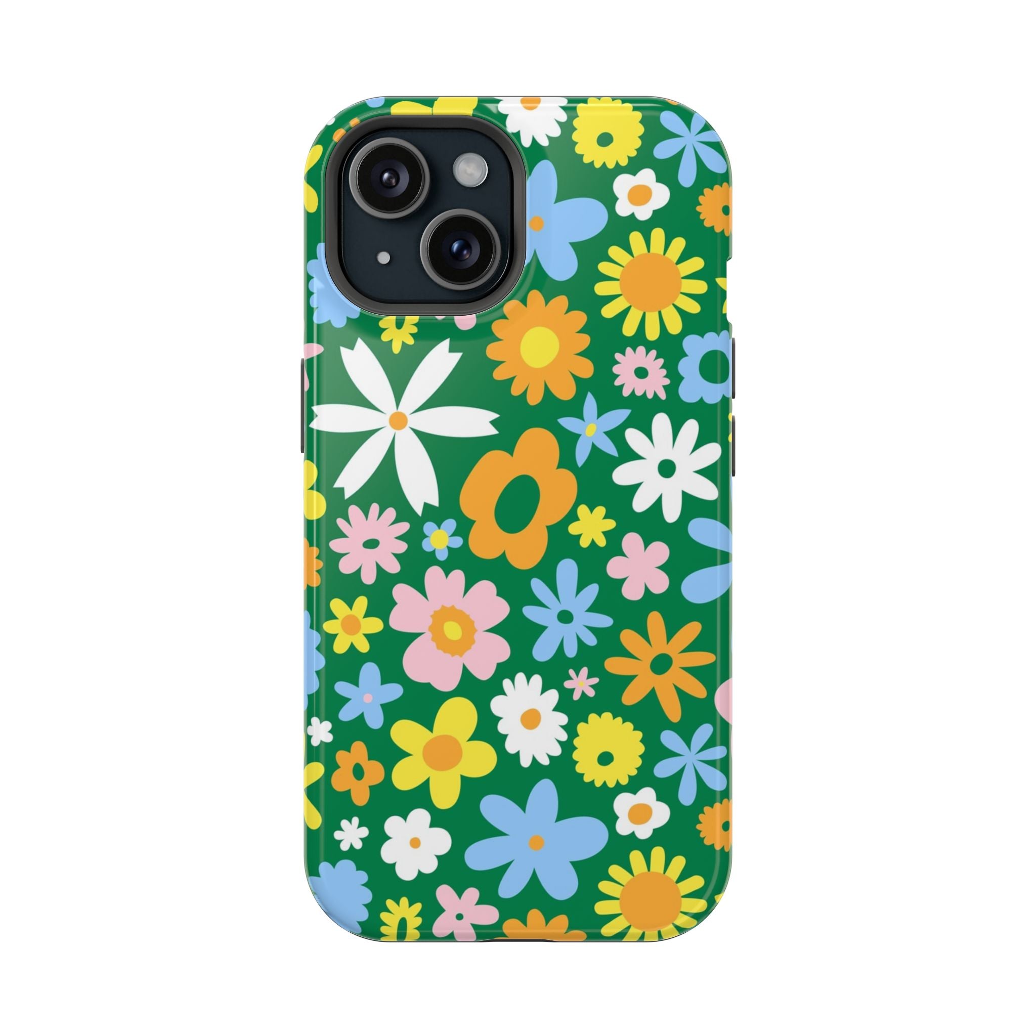 Cute MagSafe iPhone Case with vibrant floral hippie design on green background, perfect stylish phone cover for flower power lovers.