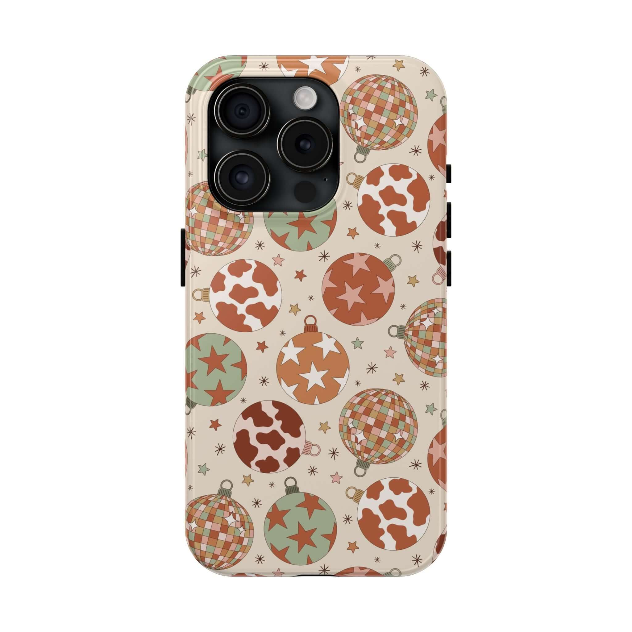 Colorful Cowgirl Christmas iPhone case with festive ornaments pattern, perfect cute holiday phone cover.