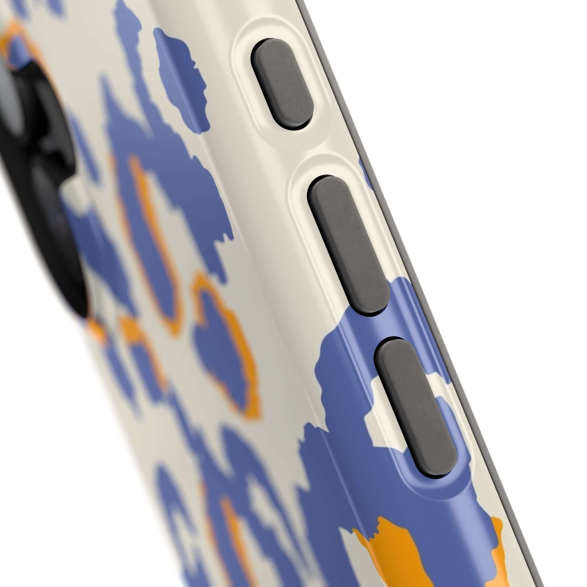 Close-up of Safari Blaze blue leopard print MagSafe case, showcasing colorful abstract design for iPhone protection.