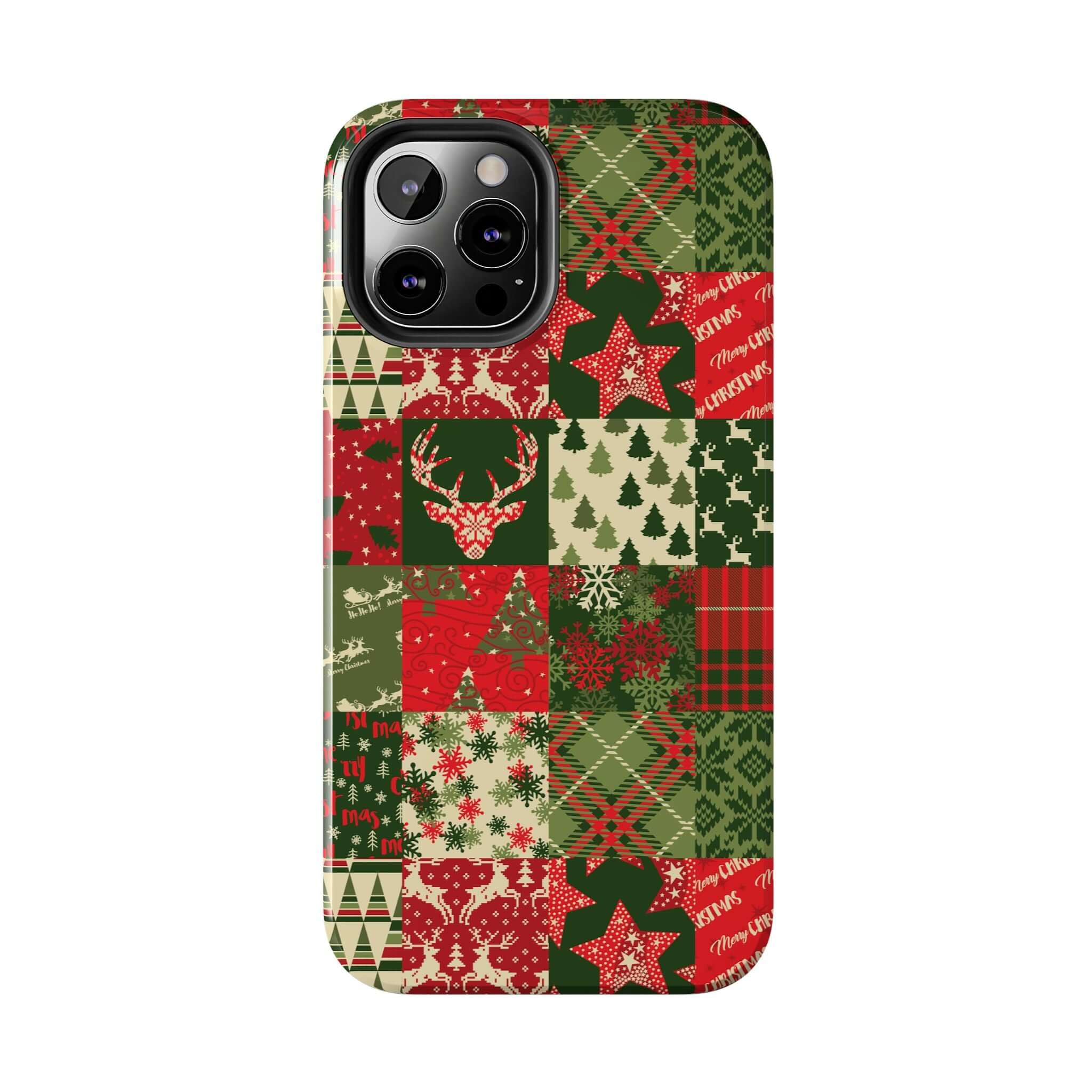 Cute iPhone case with green holiday design, featuring Christmas trees, snowflakes, and reindeer patterns for a festive look.