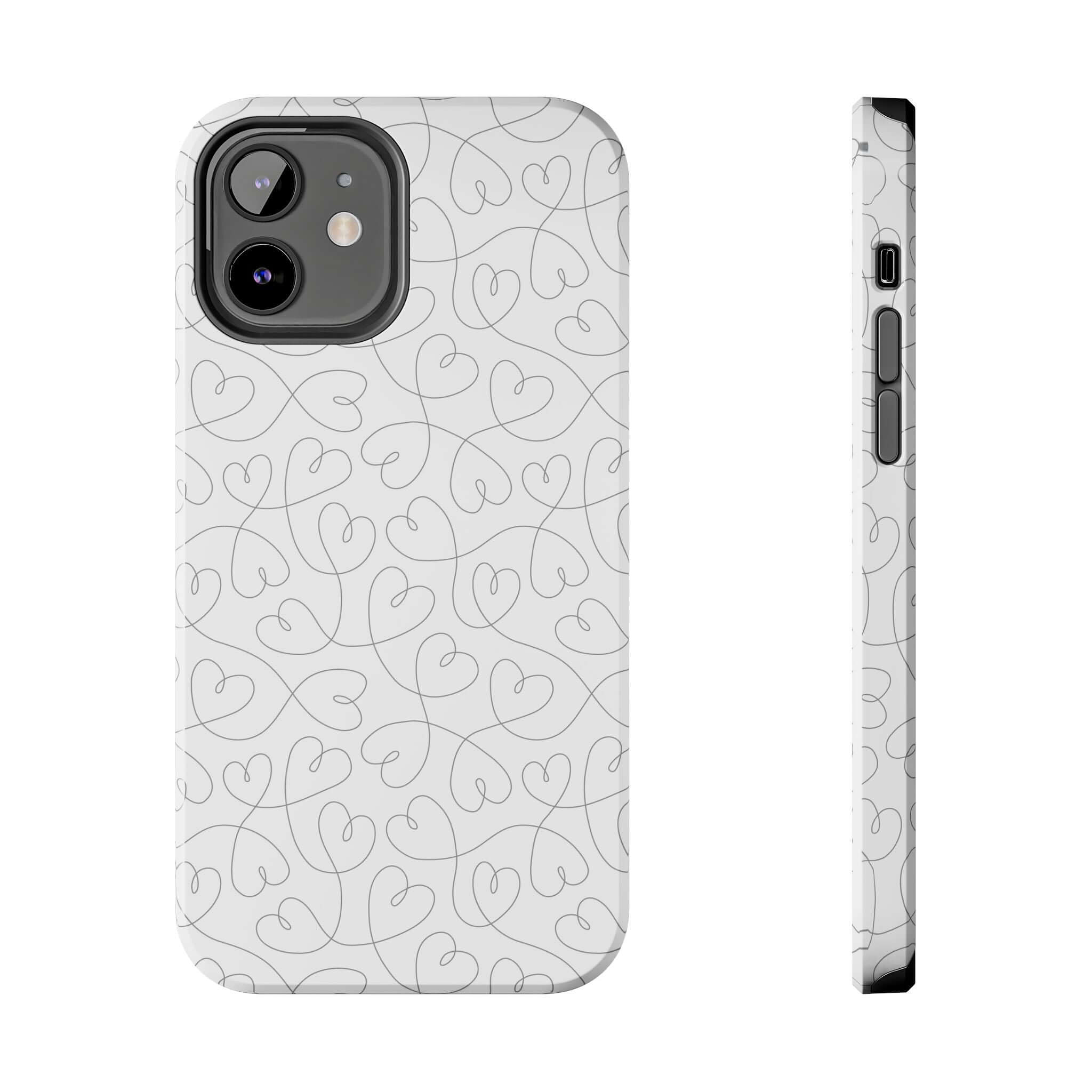 Silver Hearts Romance phone case for iPhone 14 Pro Max featuring abstract heart design, perfect cute phone case for weddings and brides.