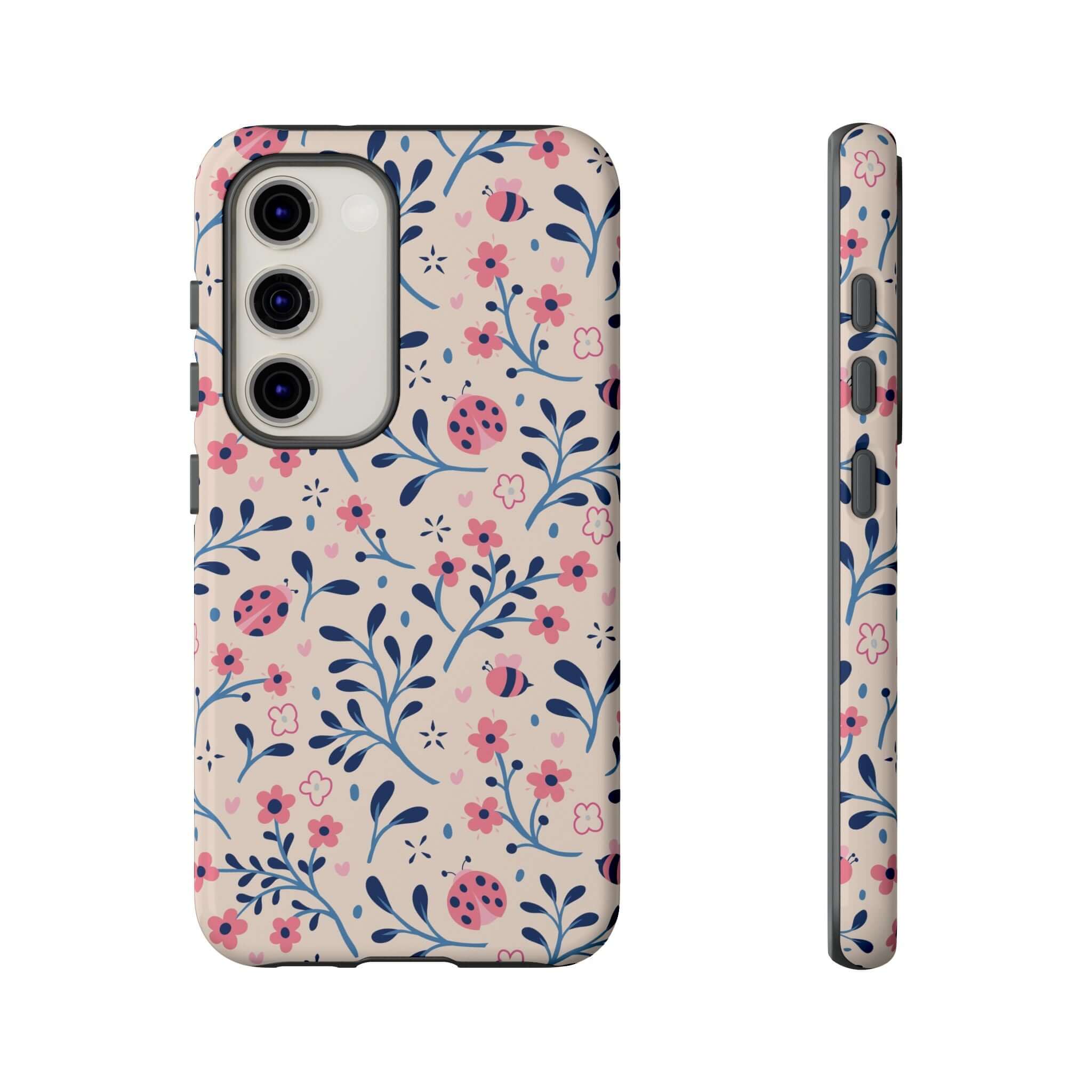 Cute floral and ladybug phone case for Samsung Galaxy featuring colorful design, perfect for iPhone 14 Pro Max and Samsung S23 models.