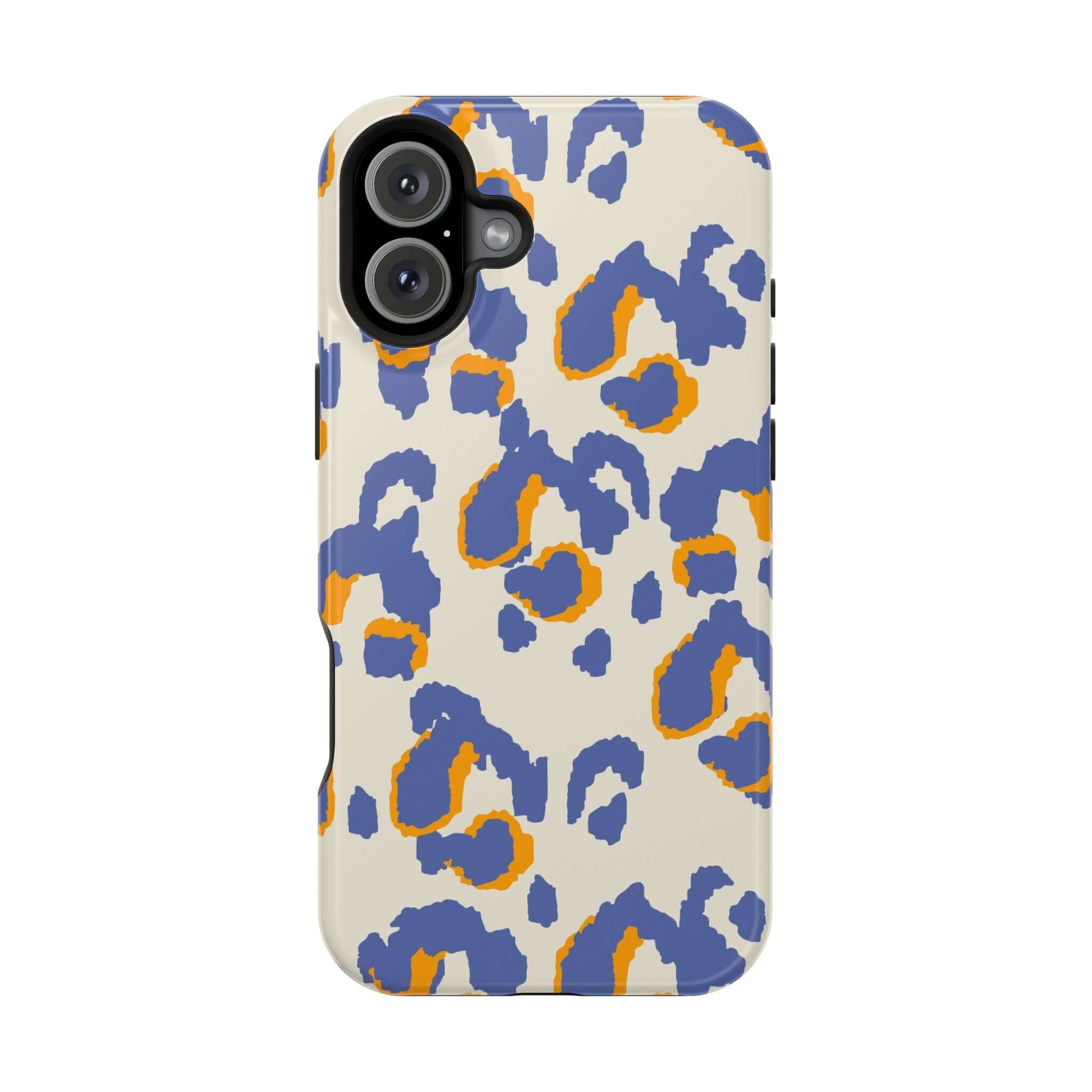 Colorful iPhone case with a blue leopard print design, featuring a cute and abstract pattern for stylish phone protection.