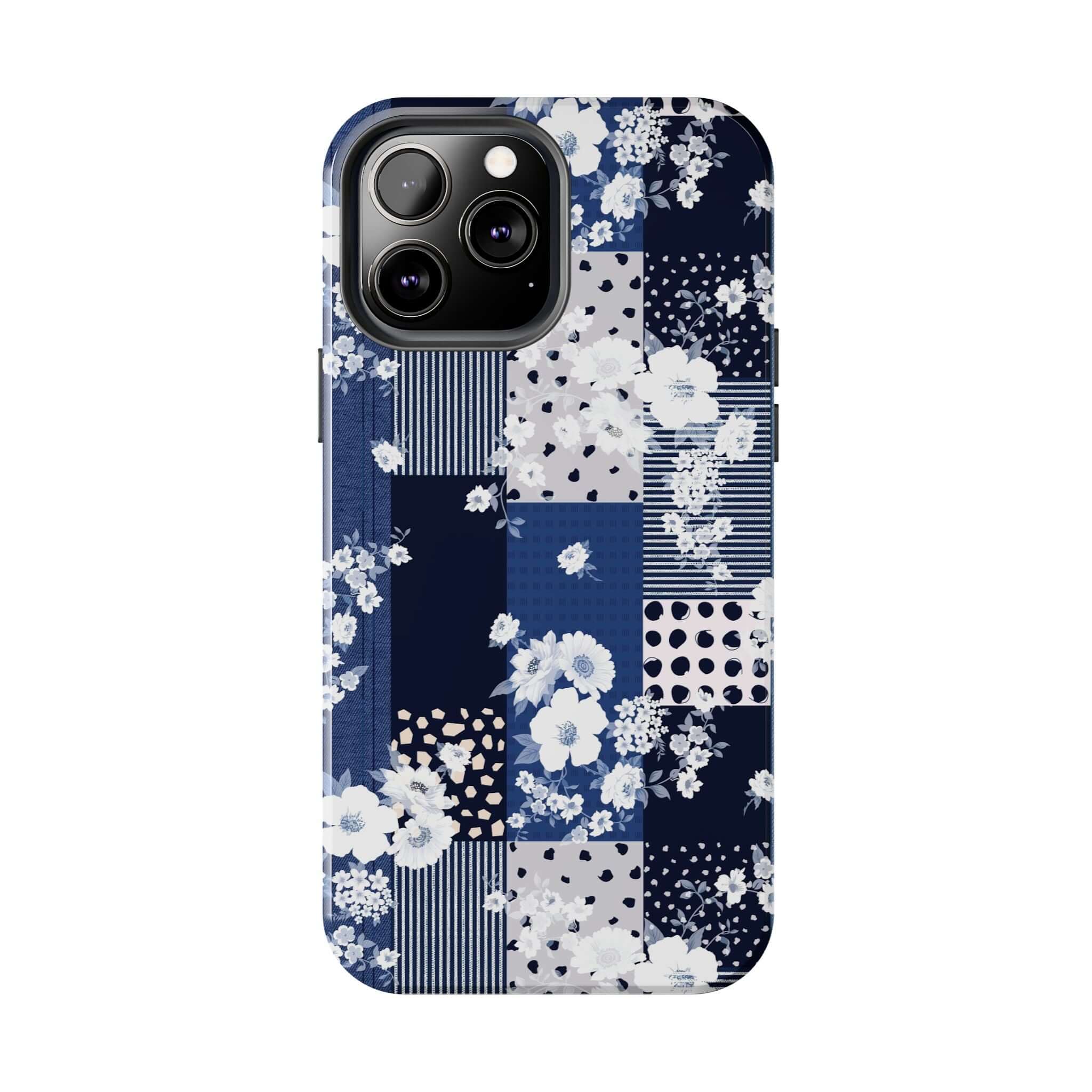 Blue floral phone case with patchwork design for iPhone, popular Sorority Book Club accessory, cute phone cover with flowers for Samsung