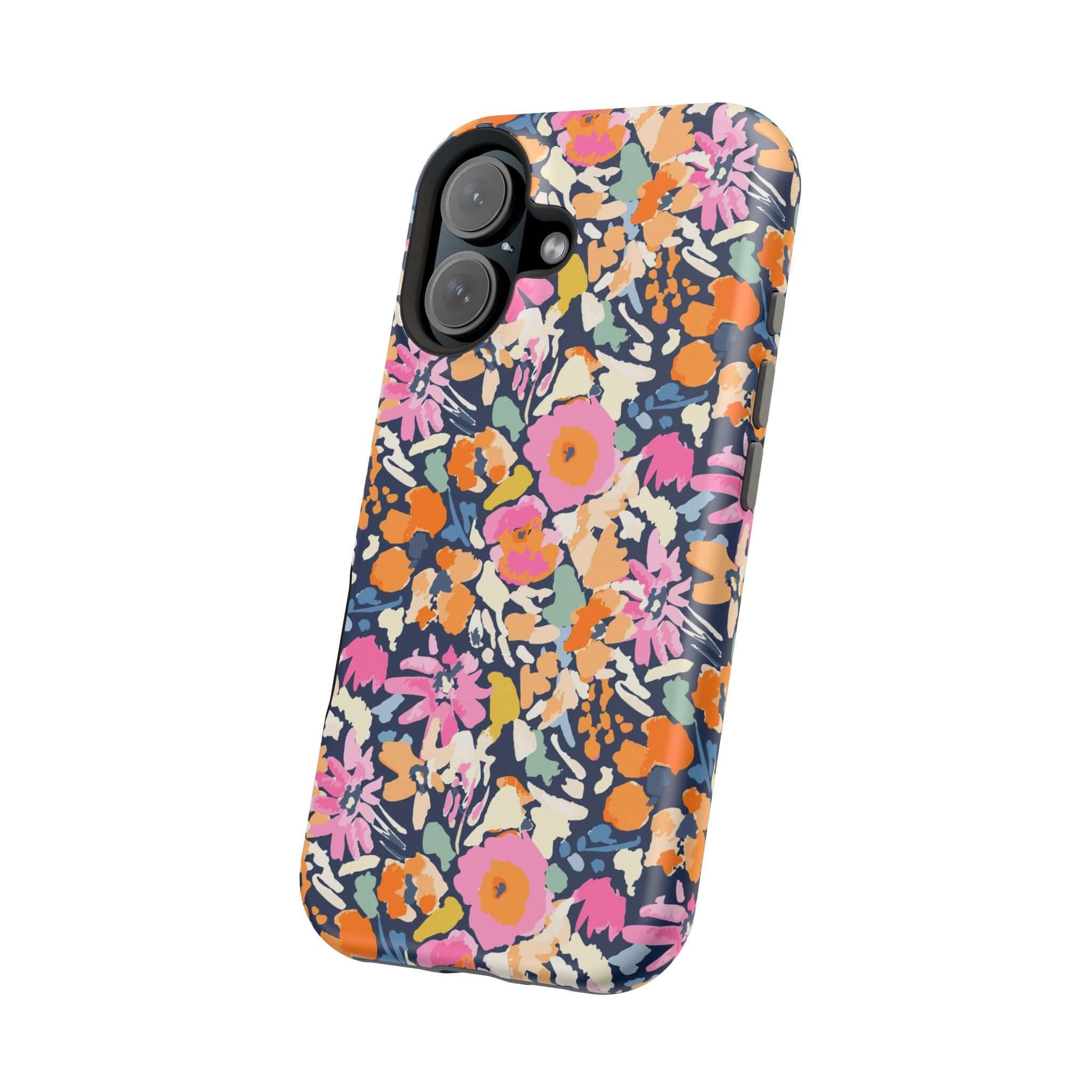 Colorful floral iPhone case with MagSafe compatibility for iPhone 16, offering cute and protective styling.