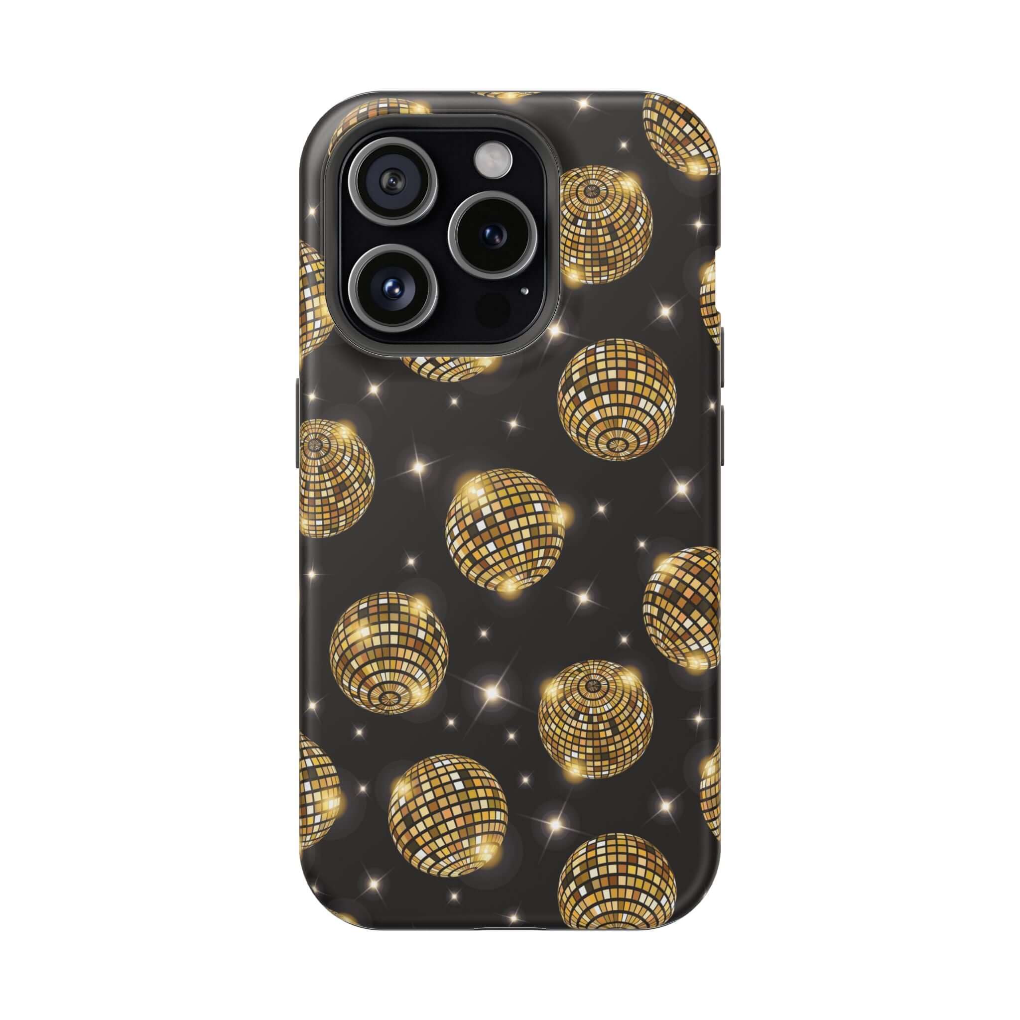 Gold disco ball design iPhone 14 case, cute phone cover with free shipping, Dance the Night Away, stylish and eye-catching accessory.