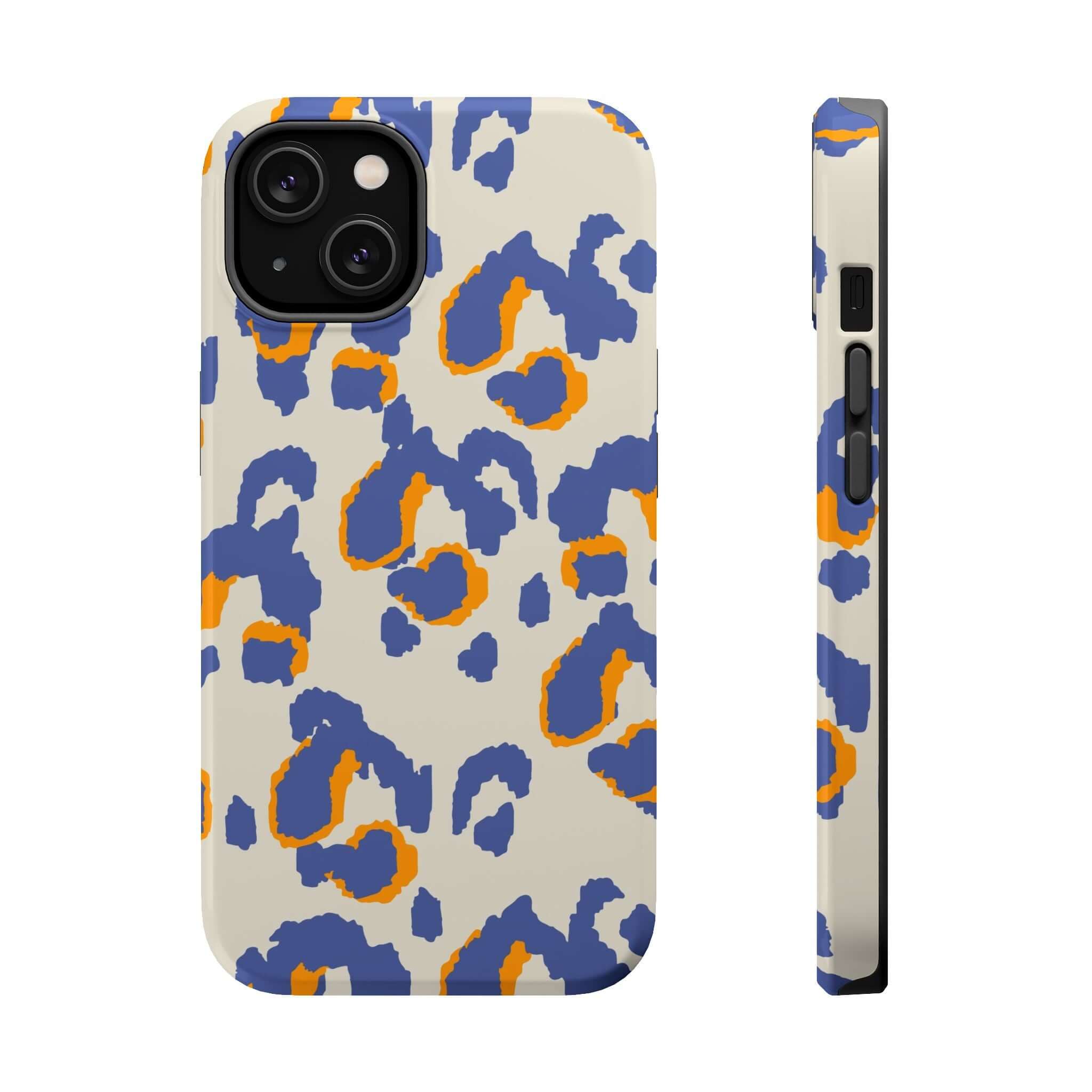 Colorful abstract iPhone case with blue leopard print, cute and stylish MagSafe phone cover, Safari Blaze design.