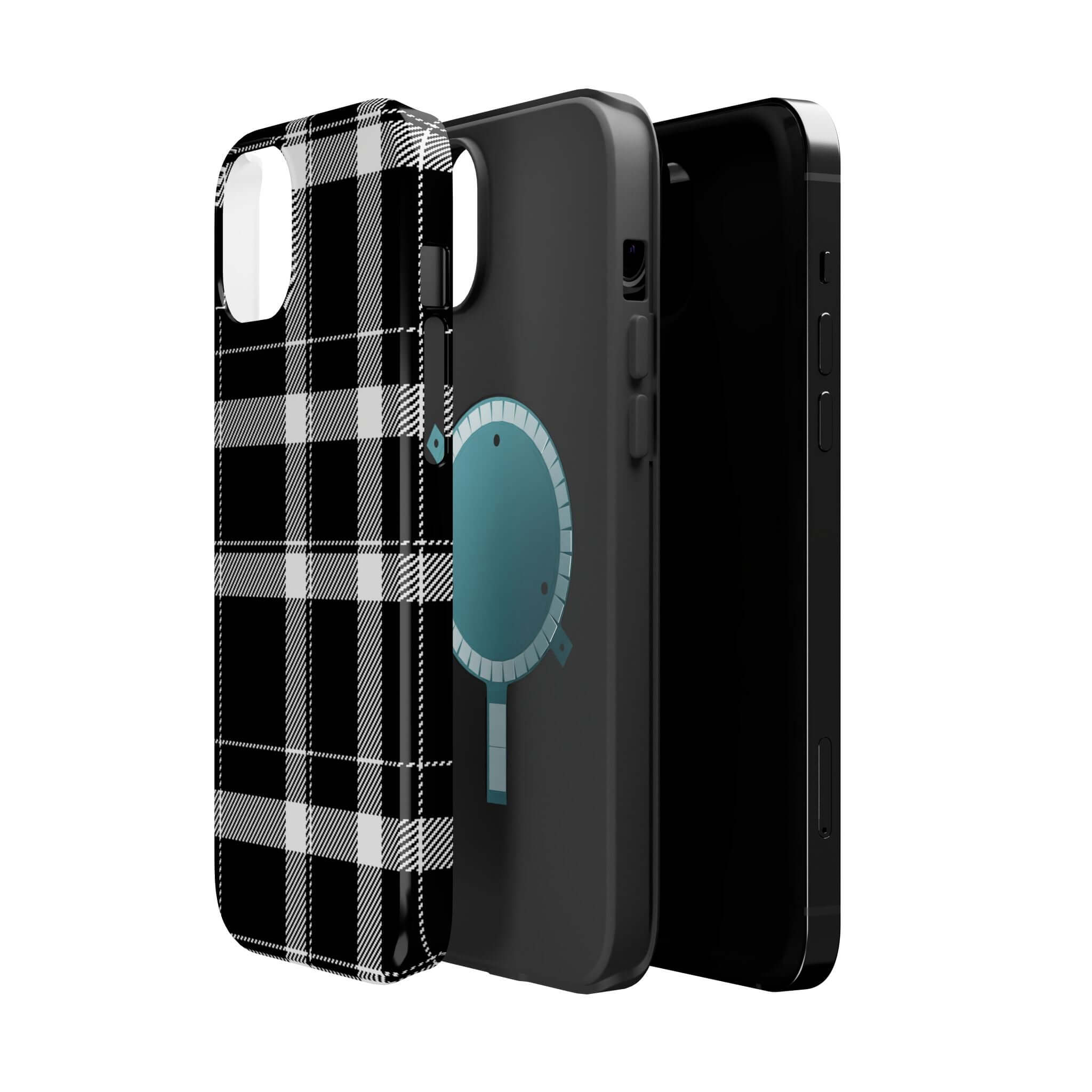 Stylish black plaid cute phone cover showcasing Apple iPhone case design, perfect for fashion-forward protection.