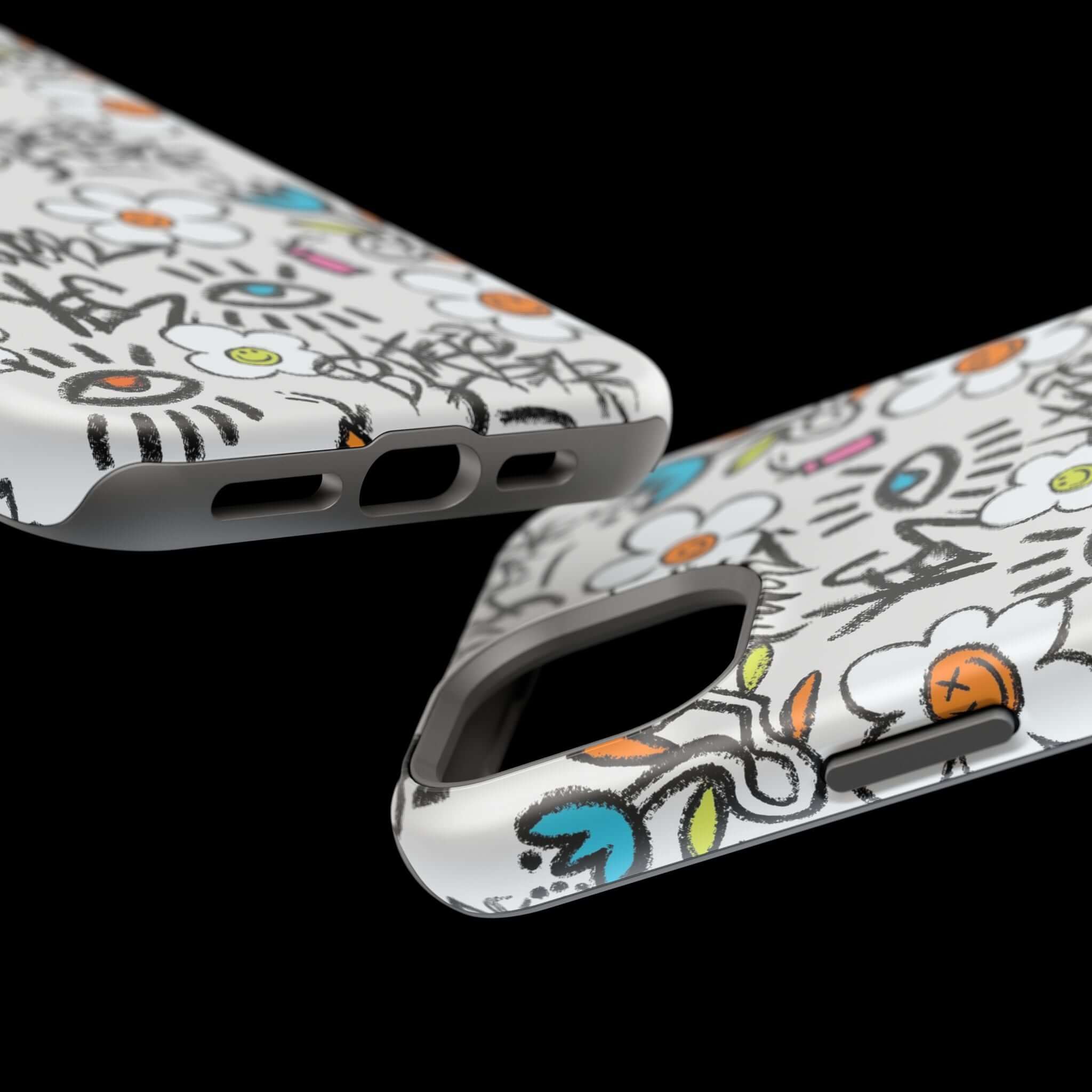 Cute phone cover with vibrant floral graffiti design for iPhone, showcasing MagSafe compatibility and playful art.