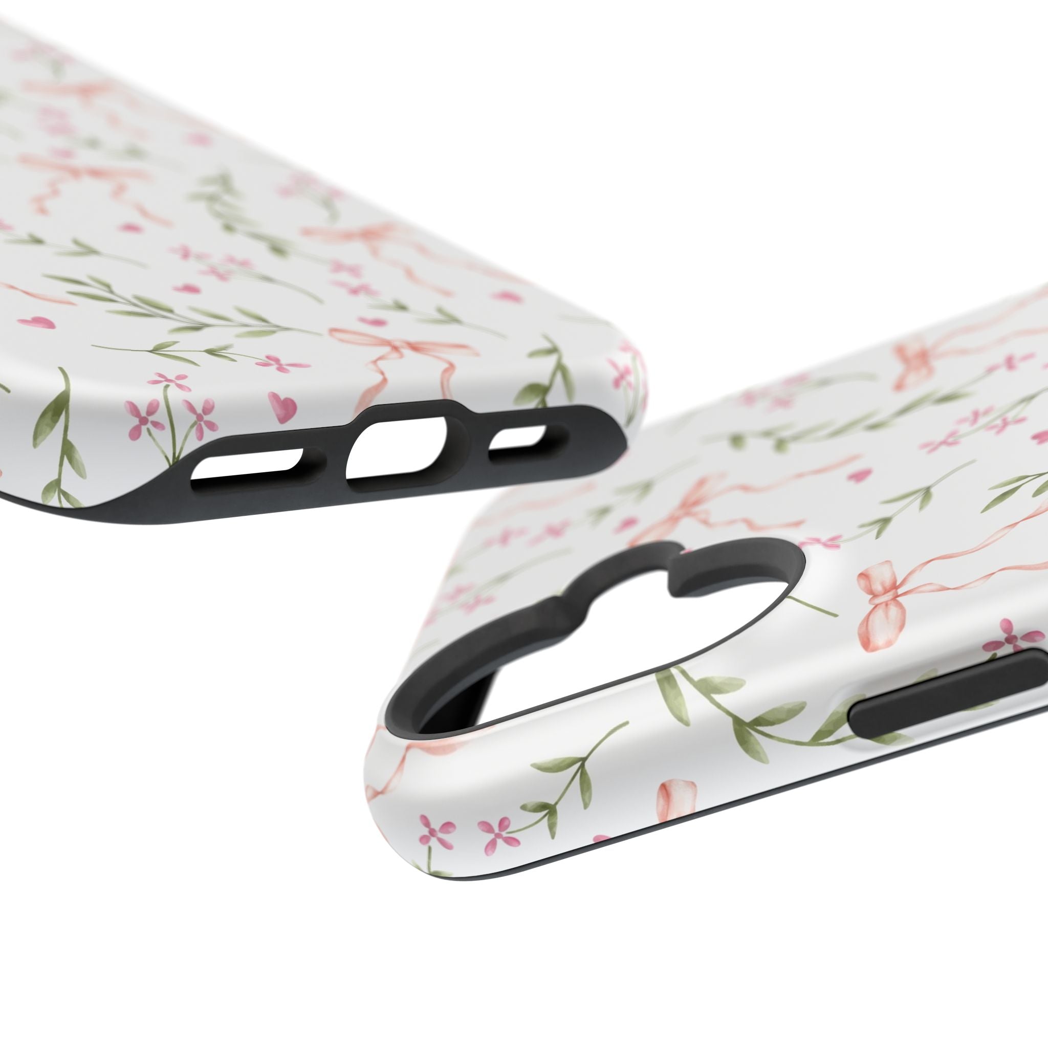 Cute floral iPhone case with charming bows, pink hue, and MagSafe compatibility. Perfect for a fun and fashionable phone cover.