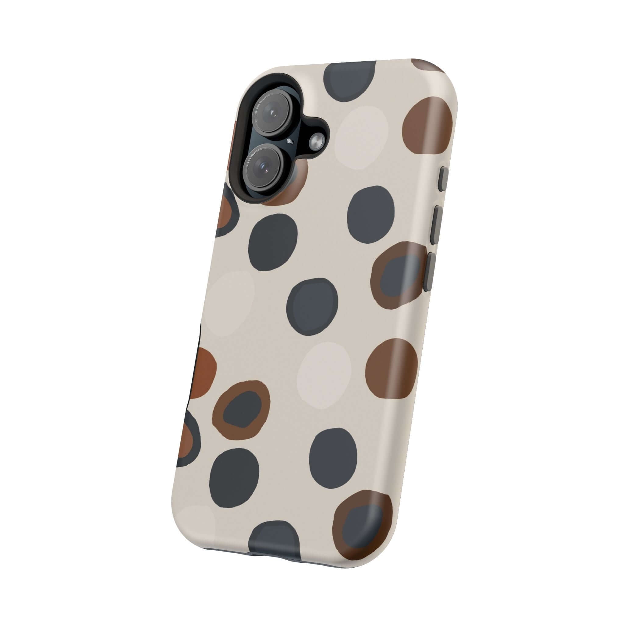 Chic Wanderer Modern Spots Case with playful brown spots, colorful and cute abstract design for iPhone, perfect for chic adventurers.