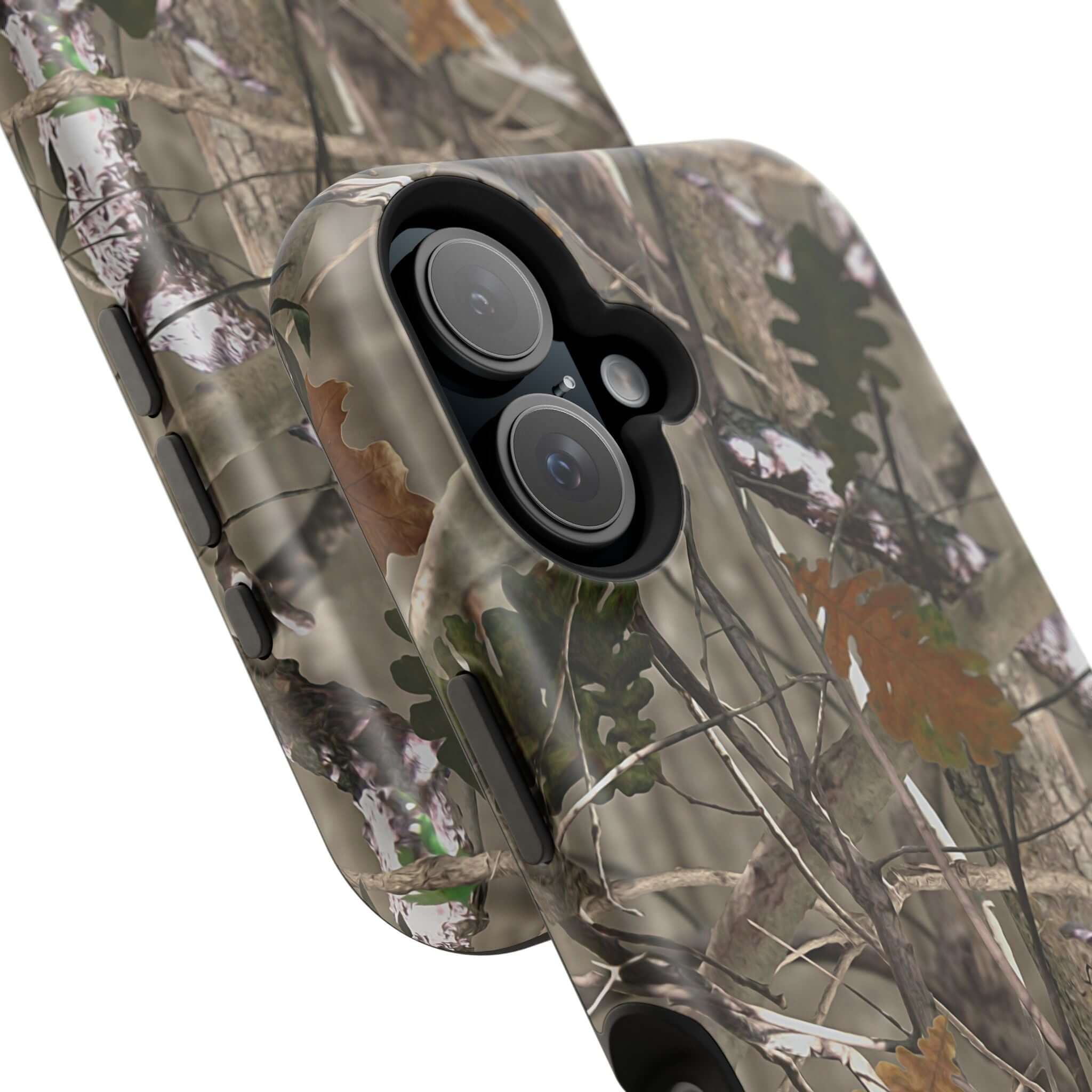 Modern forest camo phone case with MagSafe, featuring a stylish animal print for a cute and quirky iPhone accessory.