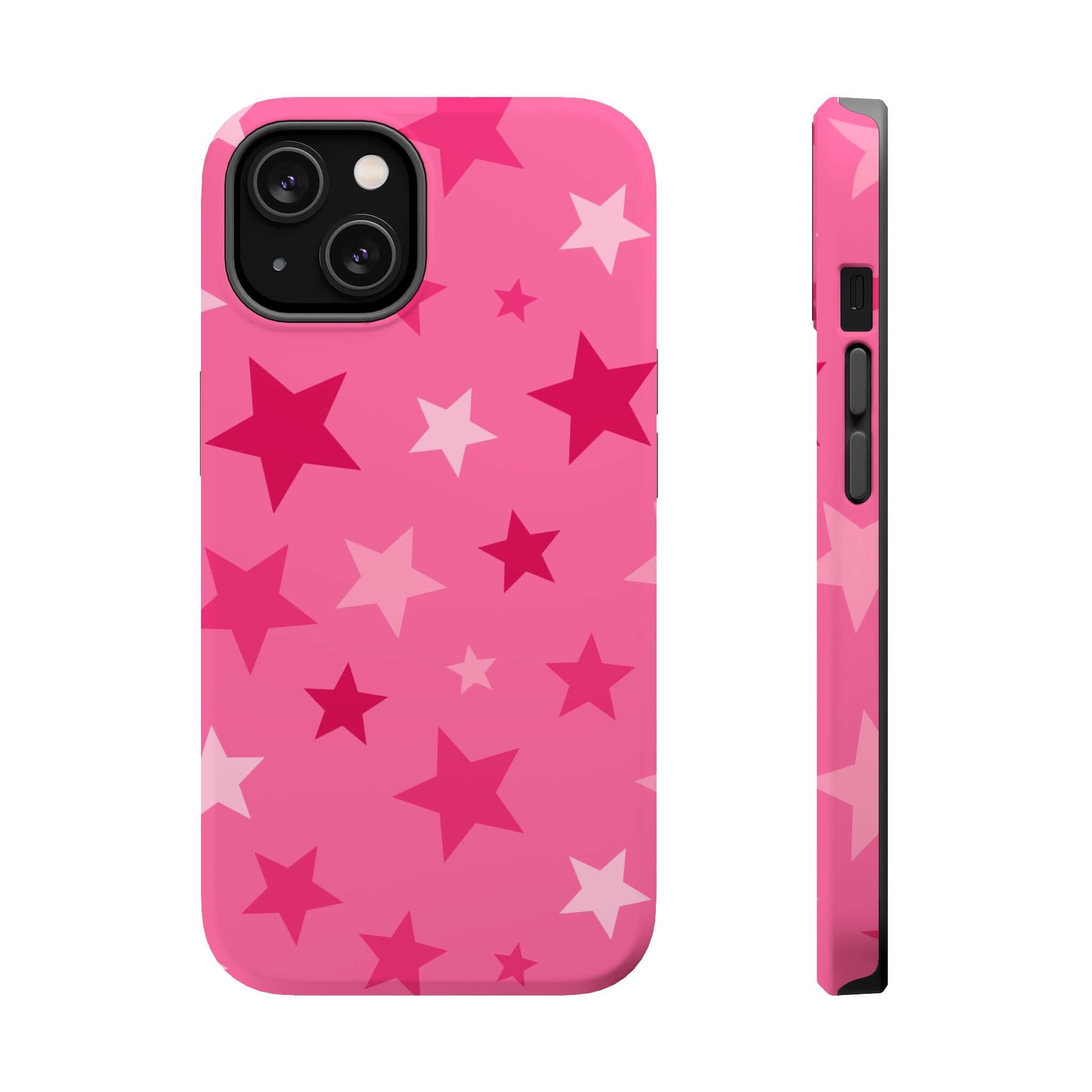 Cute pink stars iPhone case with colorful patterns, perfect for trendy starry-eyed phone lovers.