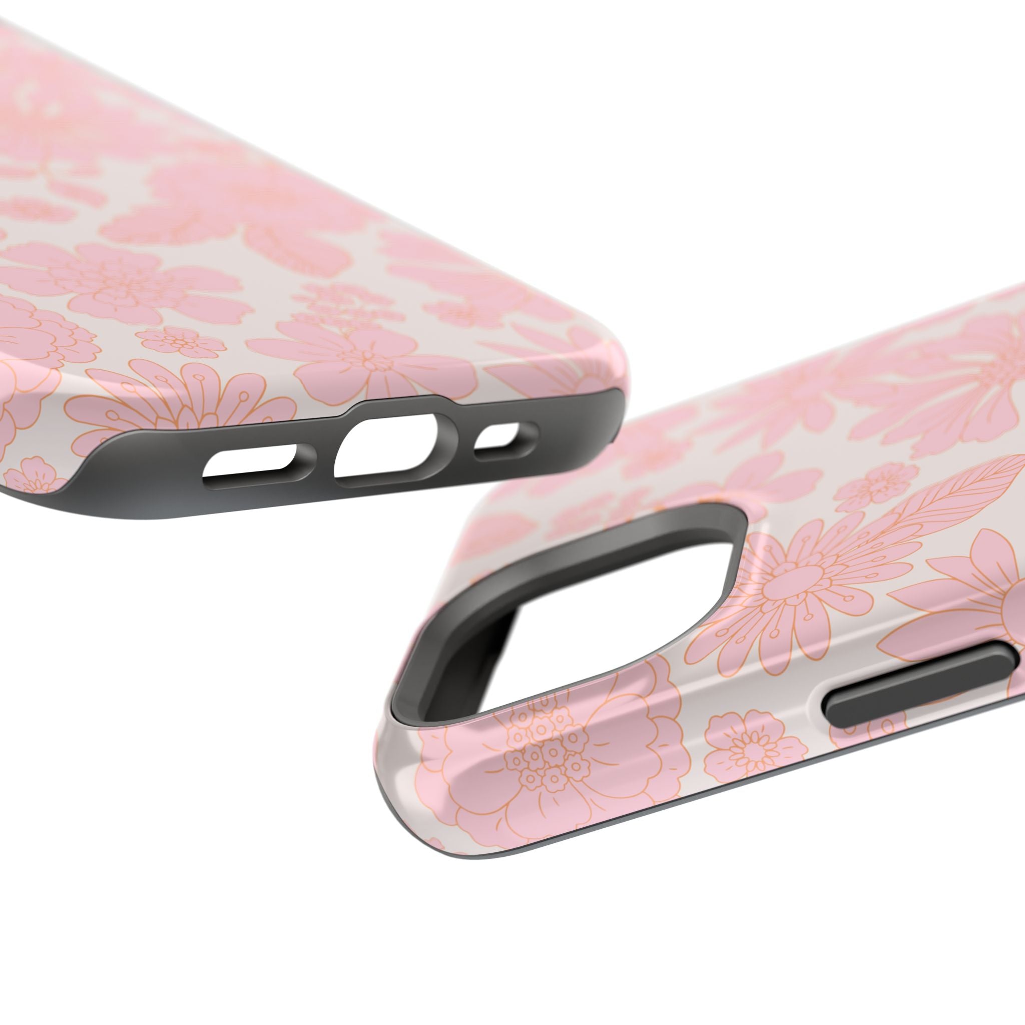 Pink floral MagSafe phone case for iPhone 16, cute girly cover with whimsical cottagecore design, Charming Petals style.