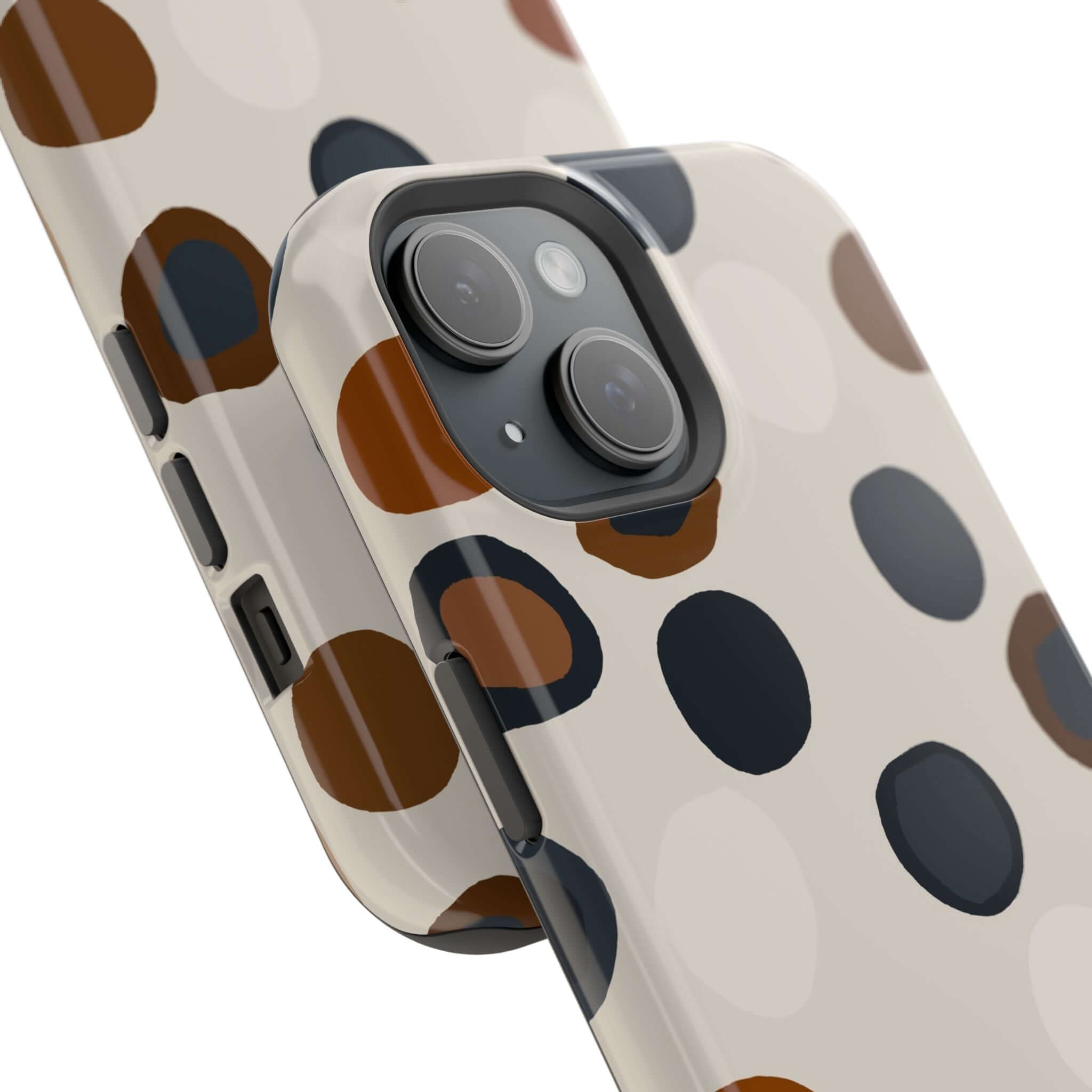 Chic Wanderer Modern Spots iPhone Case with brown and black abstract dots, colorful and cute phone accessory for style-conscious users.