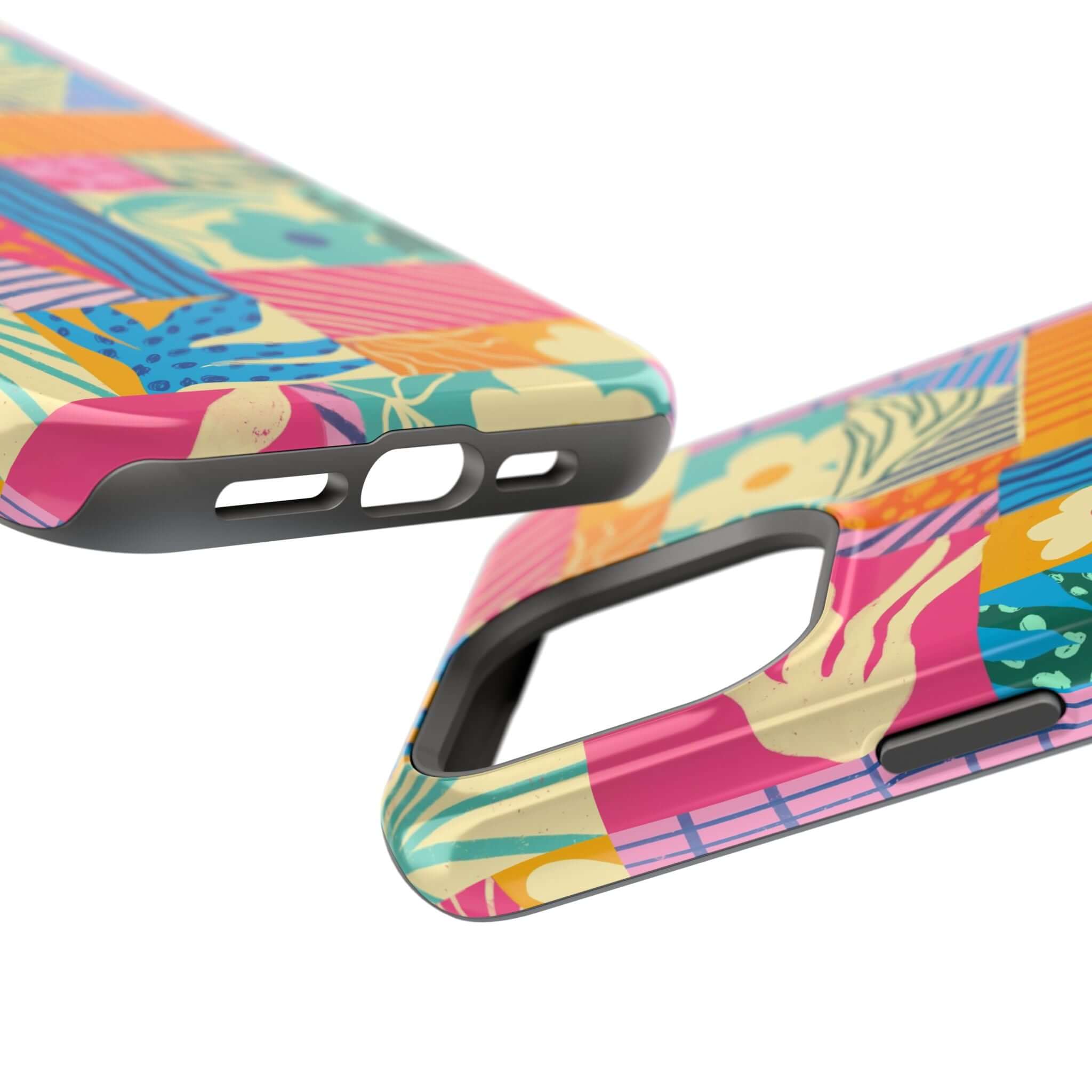 Cute phone case for iPhone 16 featuring vibrant patchwork design, ideal for beach lovers seeking playful style and colorful protection.