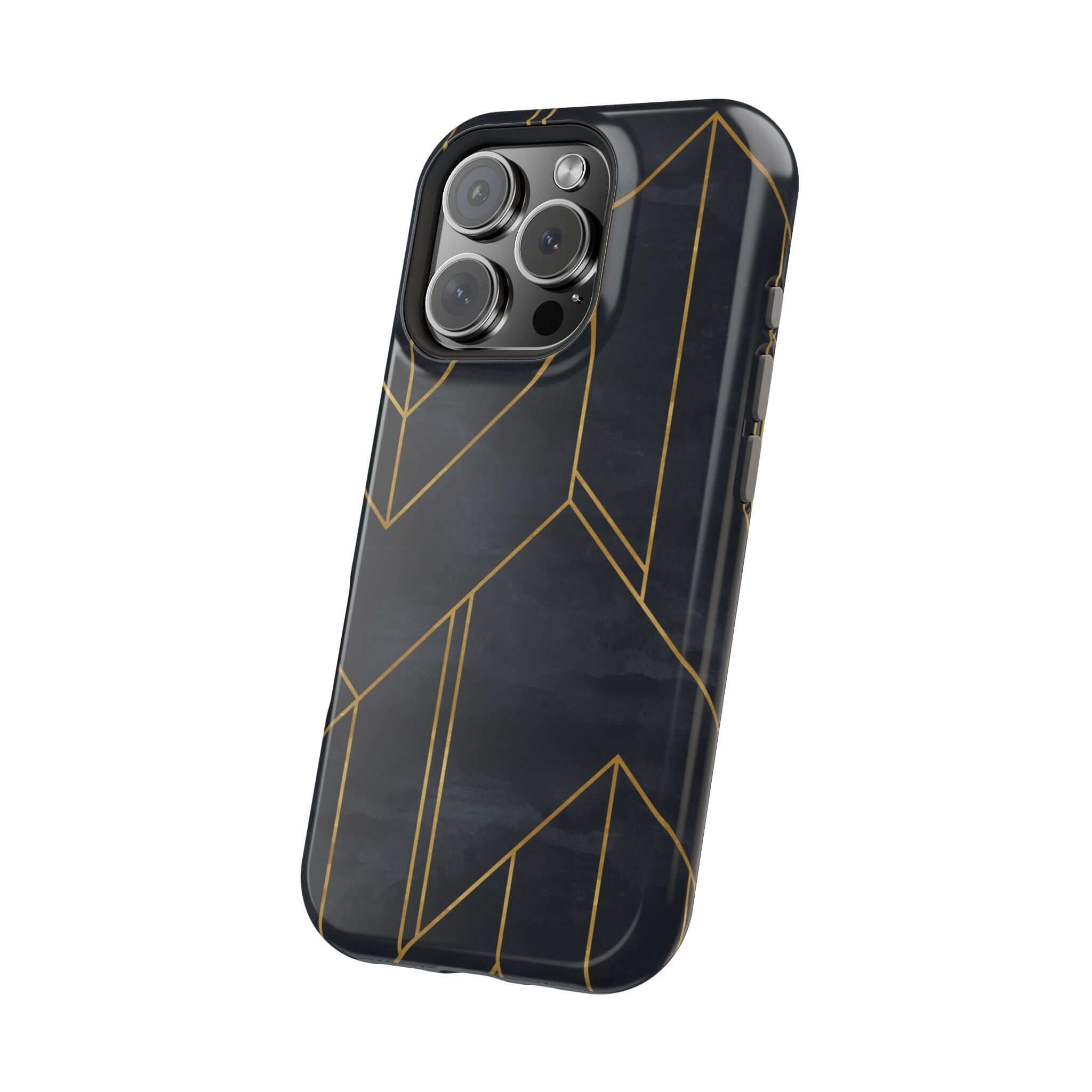 Modern geometric black iPhone case with gold abstract lines, trendy and protective design for urban style lovers.