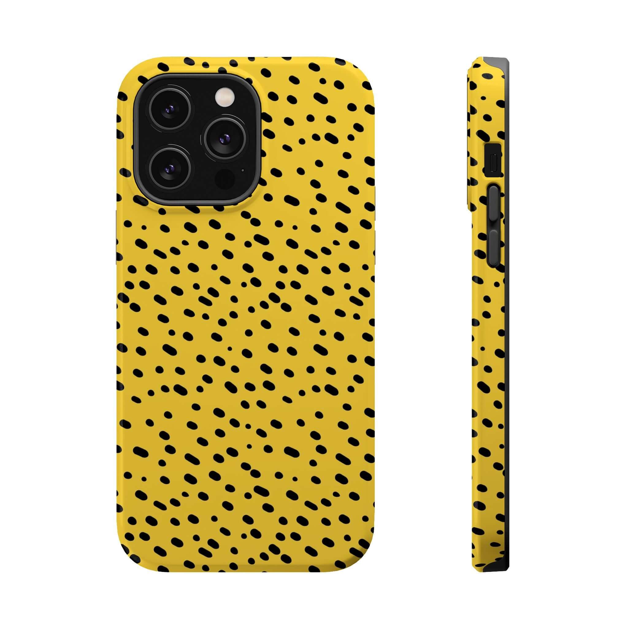 Colorful, cute phone case with yellow cheetah spots from Spot On. Protective, abstract iPhone case with vibrant MagSafe design.