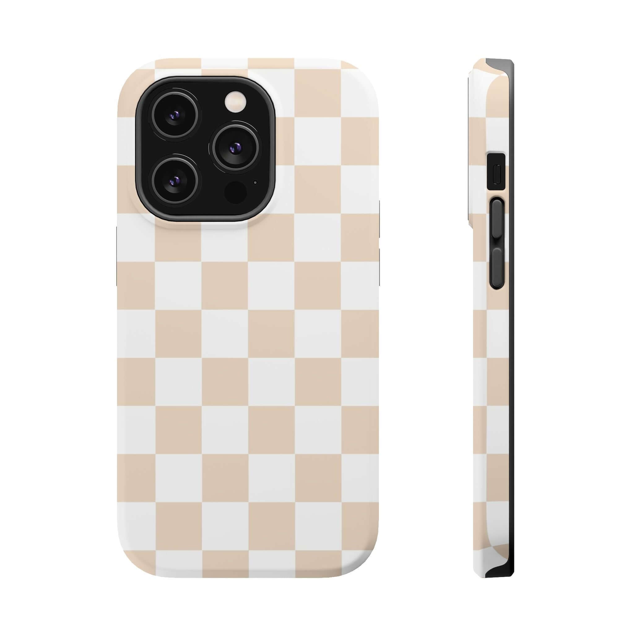 Cute Cream Checkered MagSafe iPhone 16 Case - Cute Protective Phone Cover in Beige Plaid Design