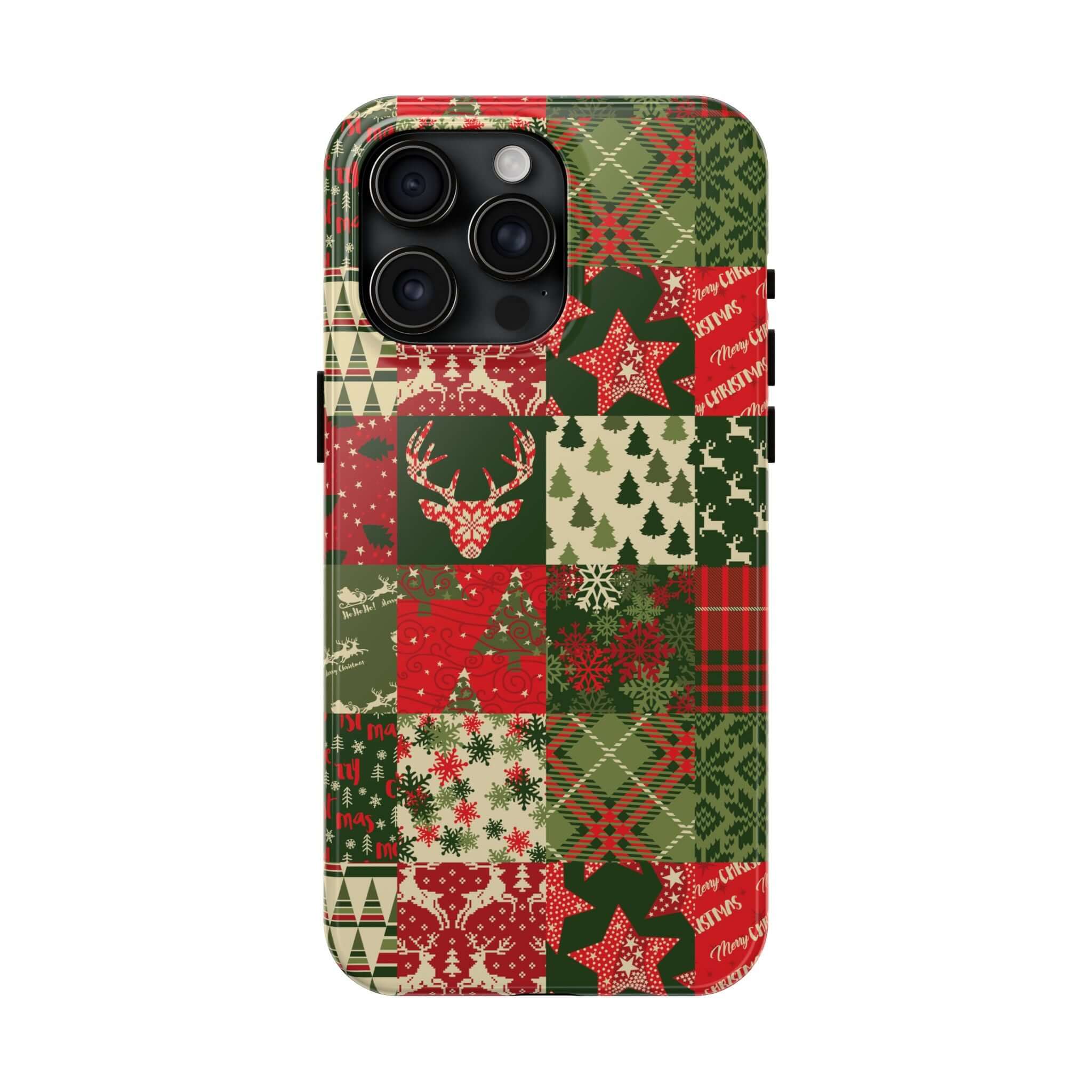 Festive green holiday phone case with Christmas designs, including trees and snowflakes, by Cozy Quiltmas. Cute custom iPhone case.