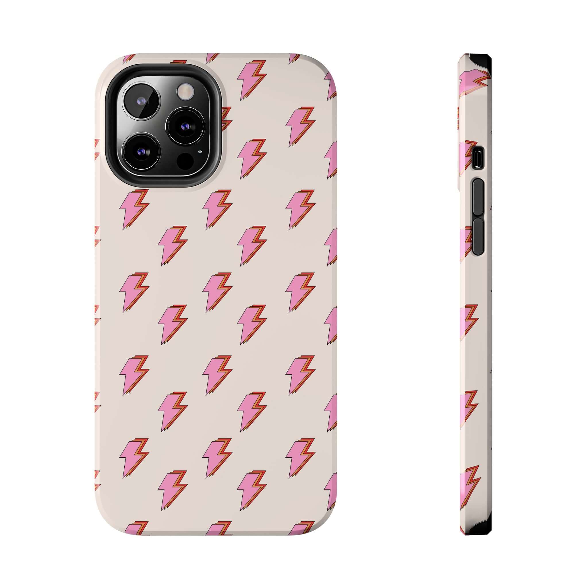 Electric Vibes retro lightning bolt iPhone case with pink bolts, protecting an iPhone 14 or 15, cute phone case, side and back view