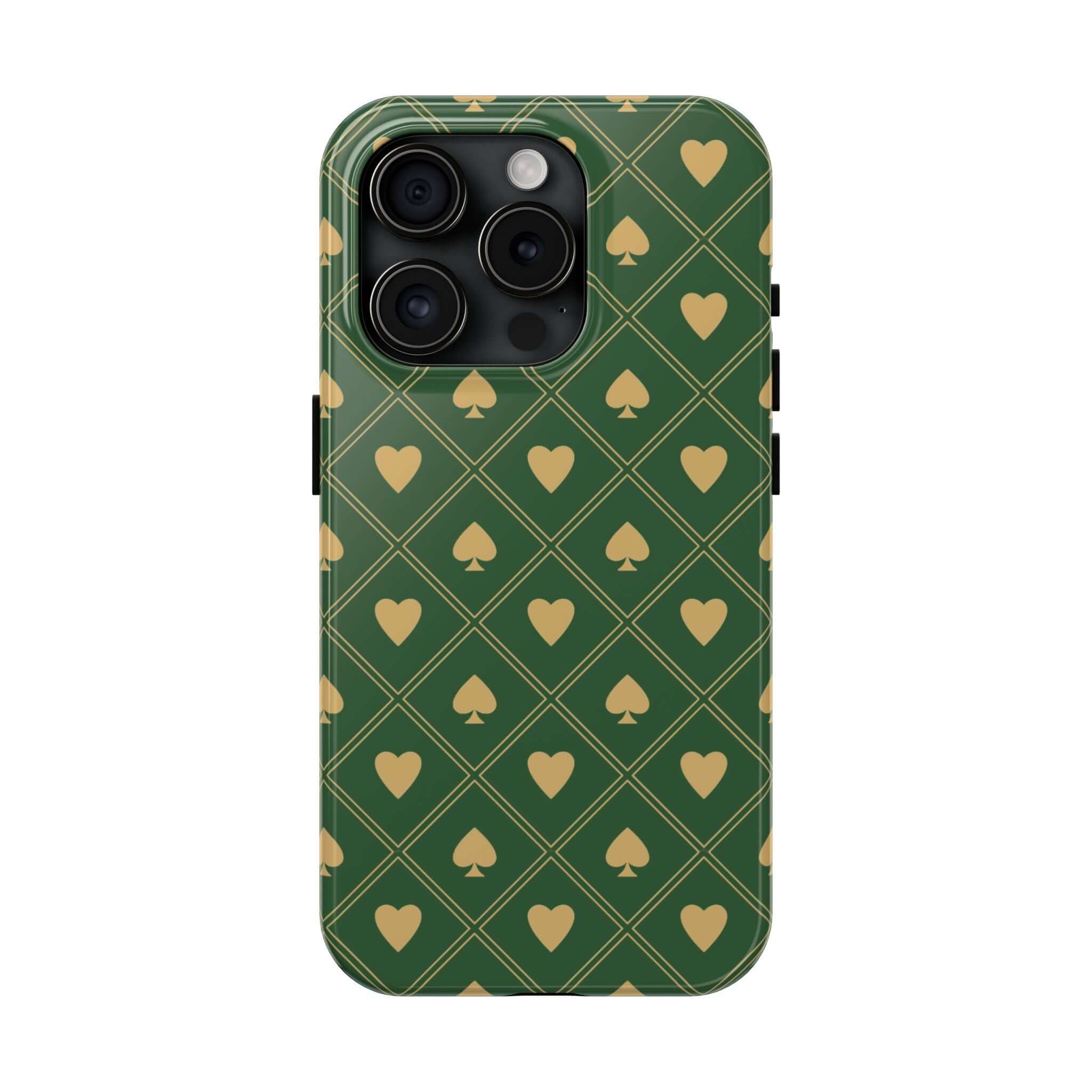 Green phone case with gold spade and heart pattern, Royal Flush design, cute iPhone and Samsung cover, free shipping.