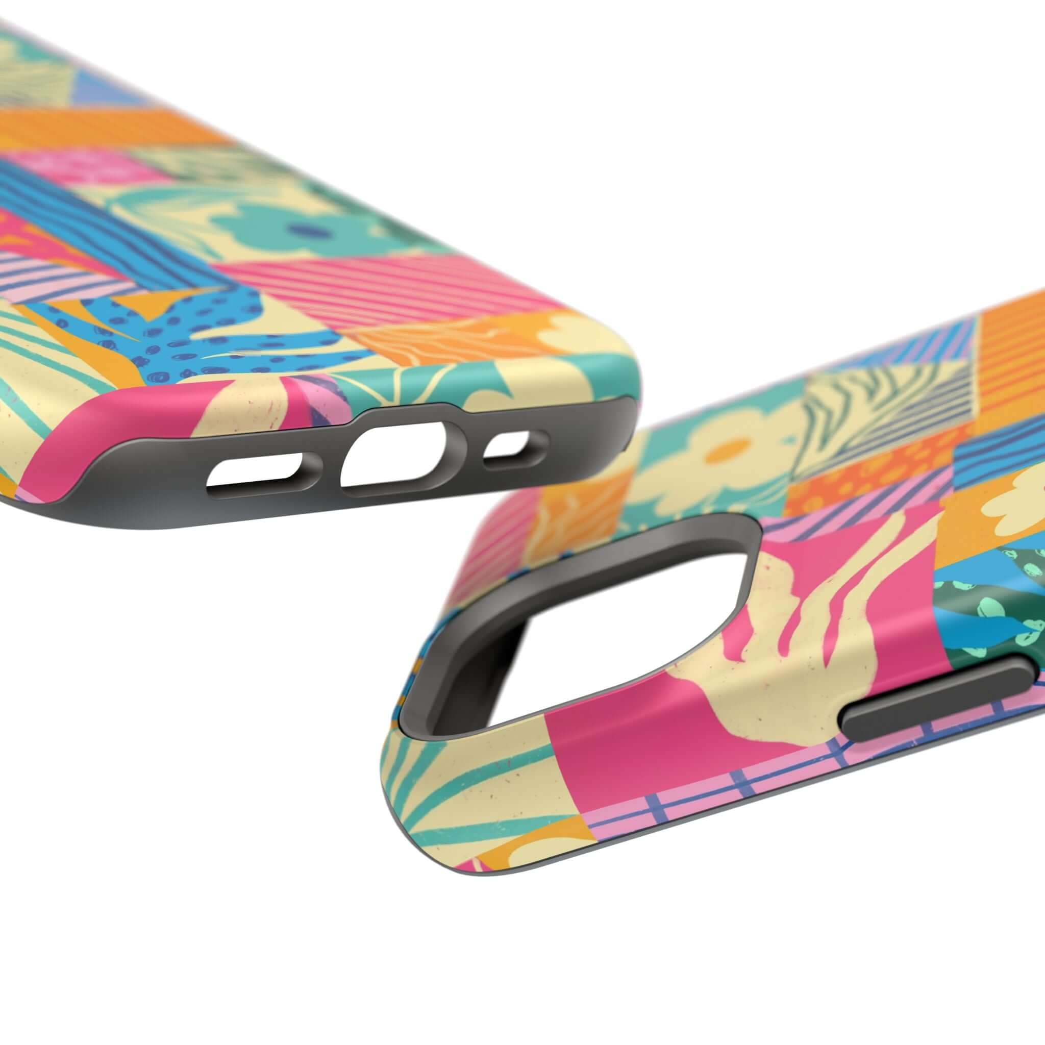 Colorful patchwork phone case for iPhone 16 in vibrant patterns, perfect for beach lovers and adding fun style. Cute phone case design.