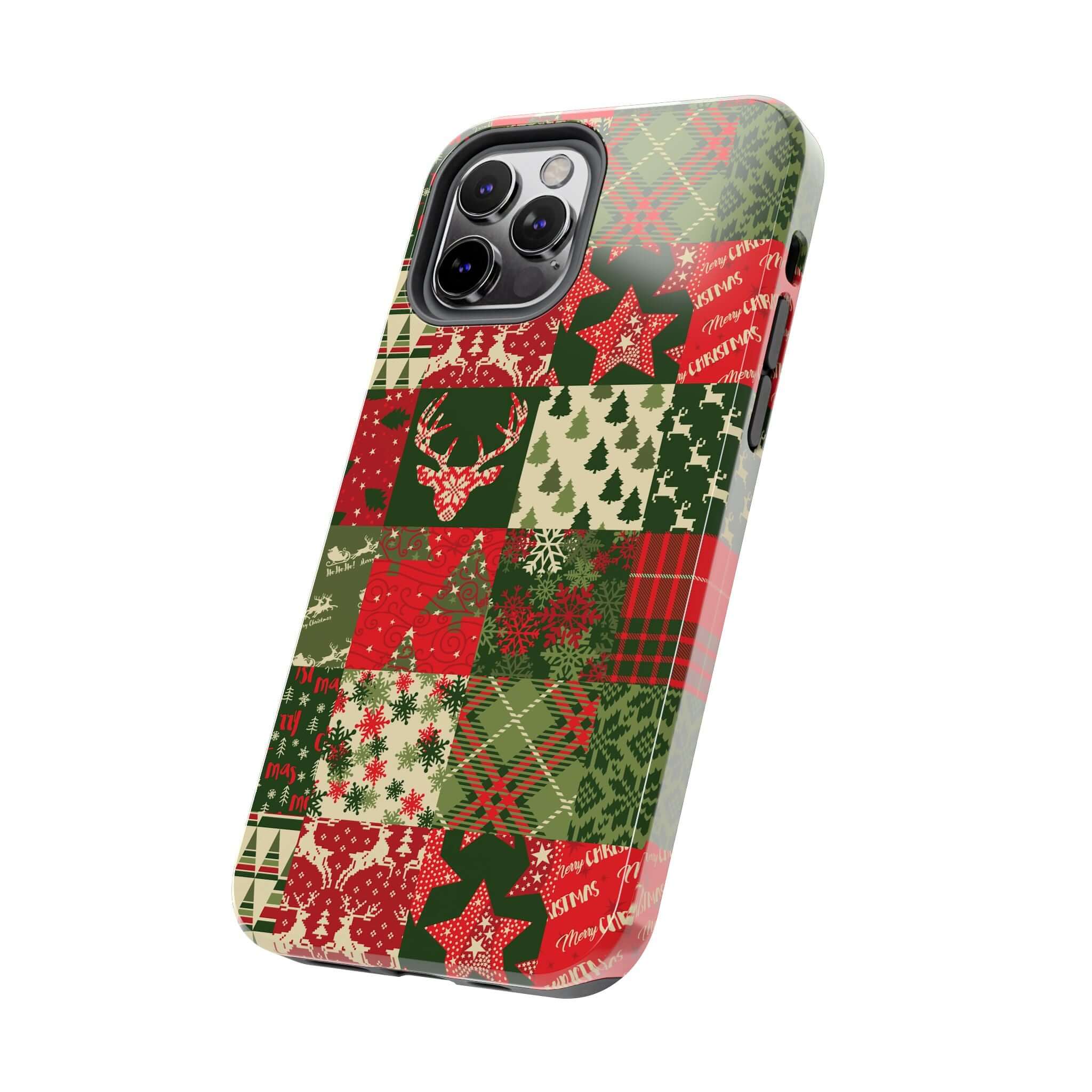 Festive green and red Christmas phone case with holiday designs, perfect cute iPhone case for the season. Cozy Quiltmas style.