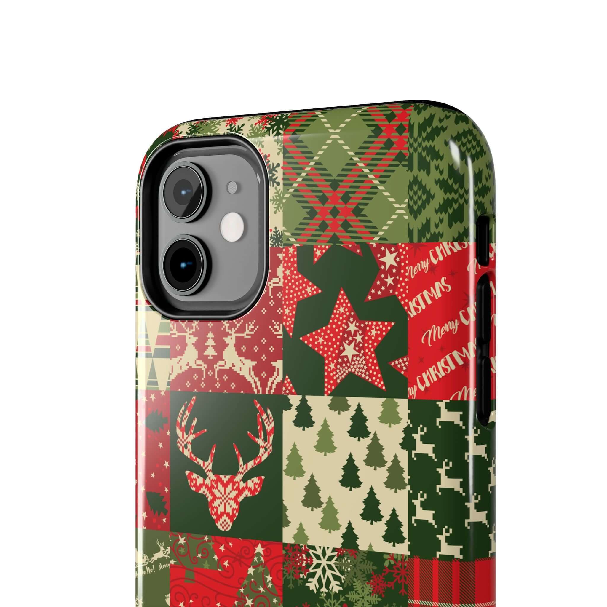 Festive green holiday phone case with Christmas trees, reindeer, and stars; a cute custom iPhone case design for winter cheer.