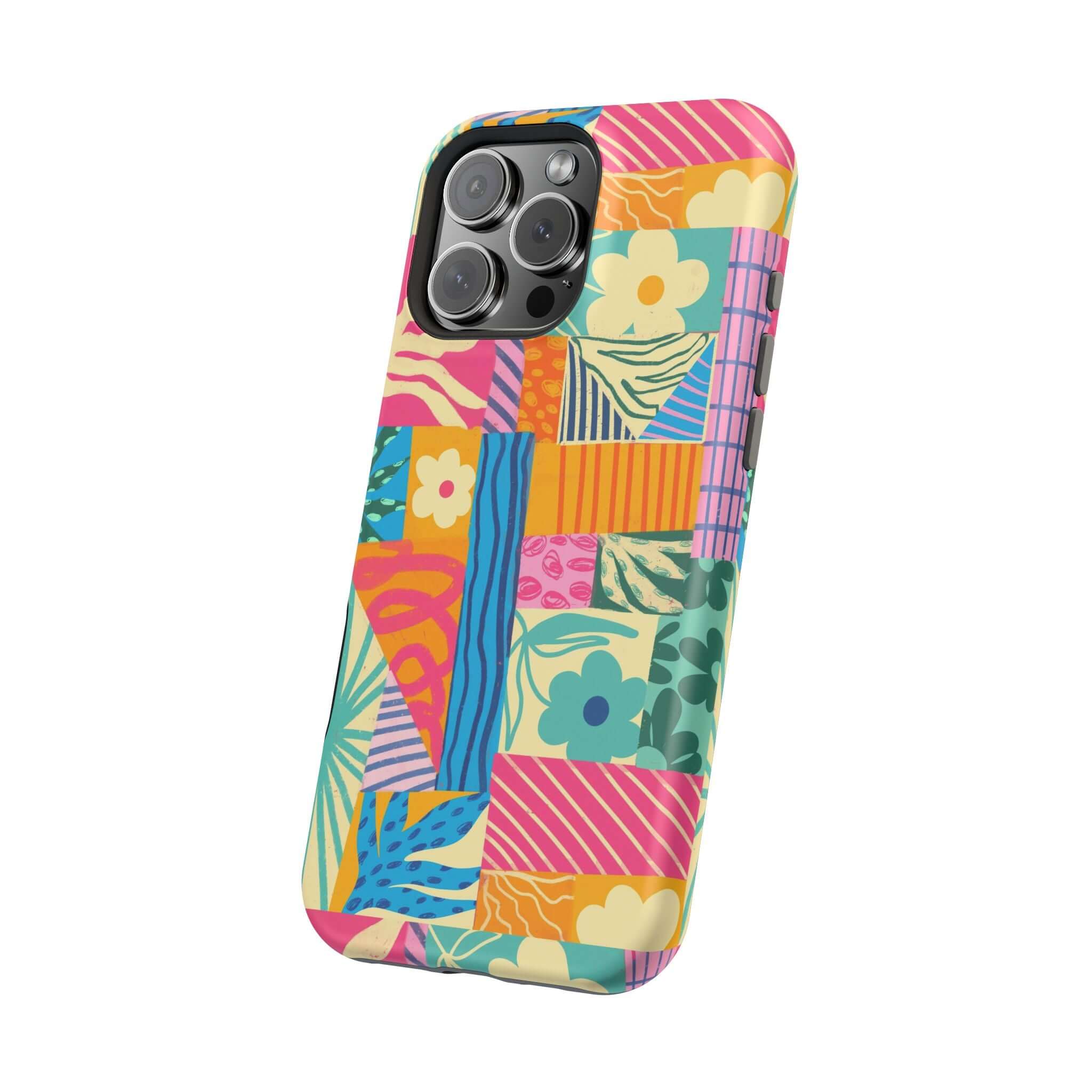 Colorful patchwork phone case for iPhone, Sunny Tides design. Cute and playful style for beach lovers, perfect for iPhone 16 protection.