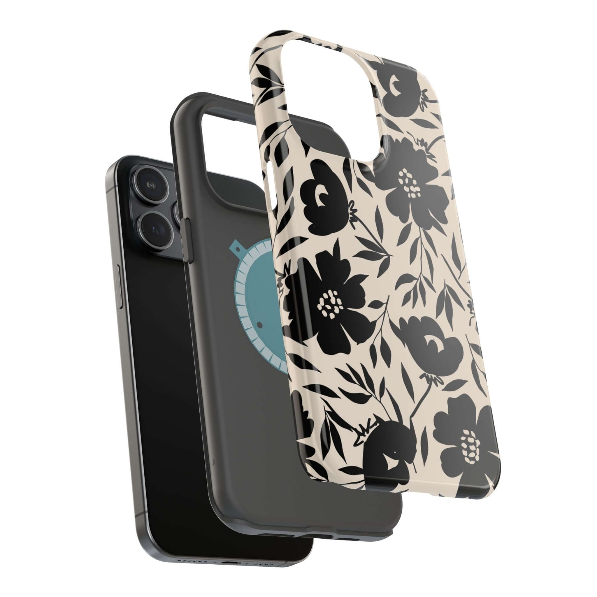 Black floral iPhone 16 case with bold flower design, Eclipse Garden collection, cute phone case for stylish protection.