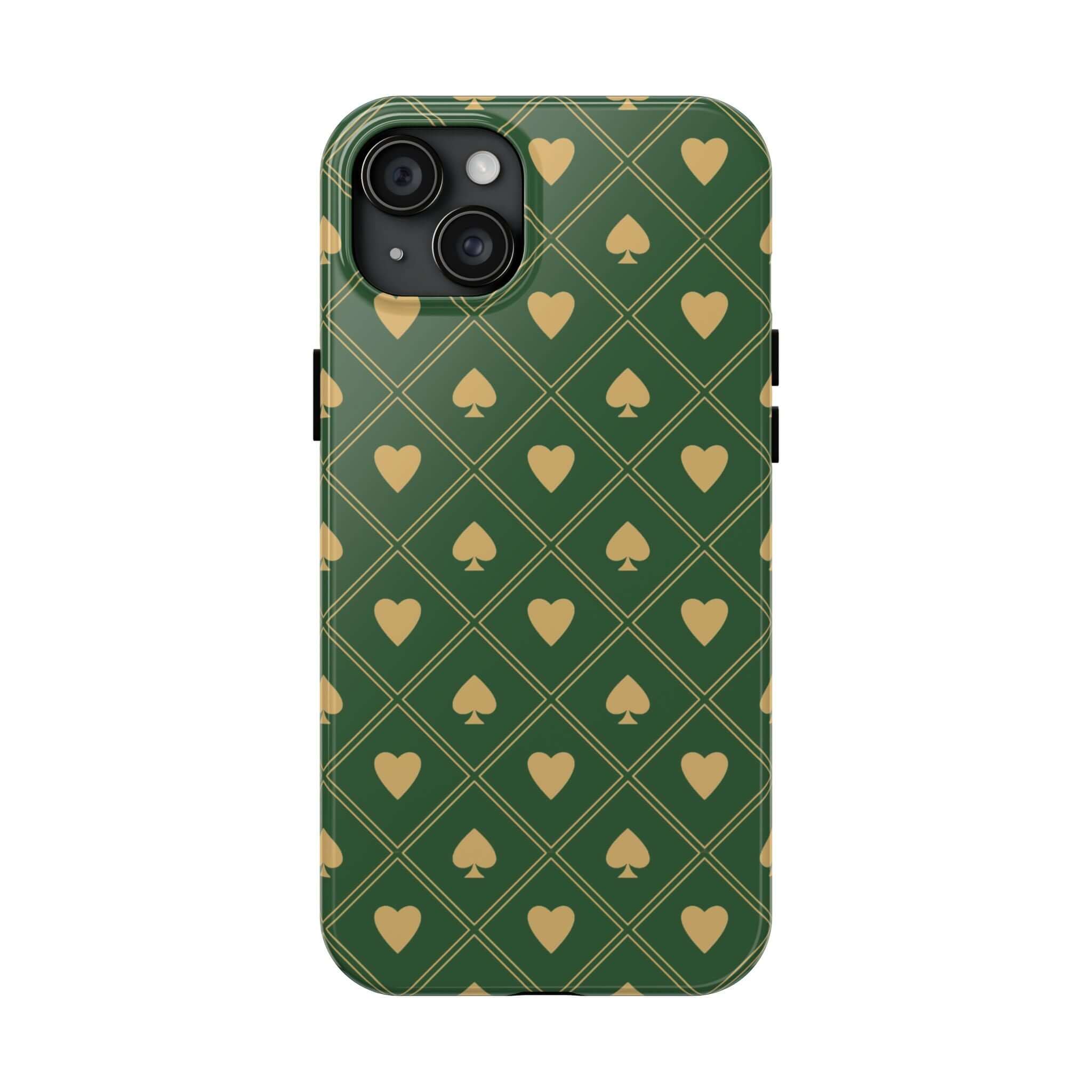 Green spade pattern phone case for iPhone or Samsung with a royal flush design. Cute phone cover with a fun color.