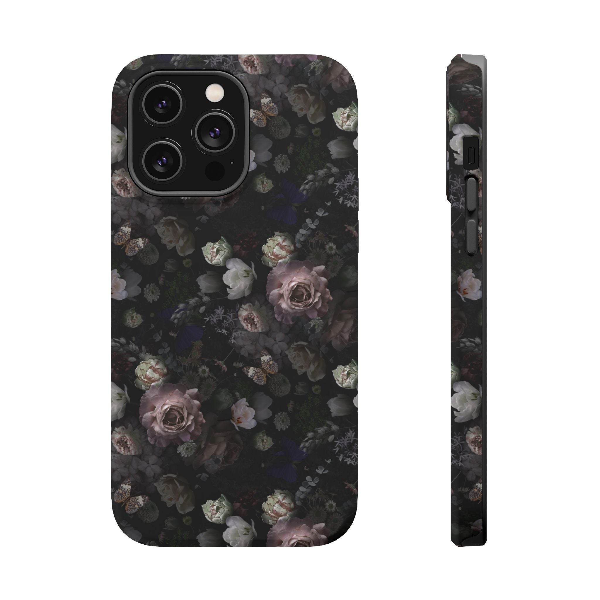 Midnight Curse Black Floral MagSafe iPhone Case with black roses; a cute and stylish phone cover for trendsetters.