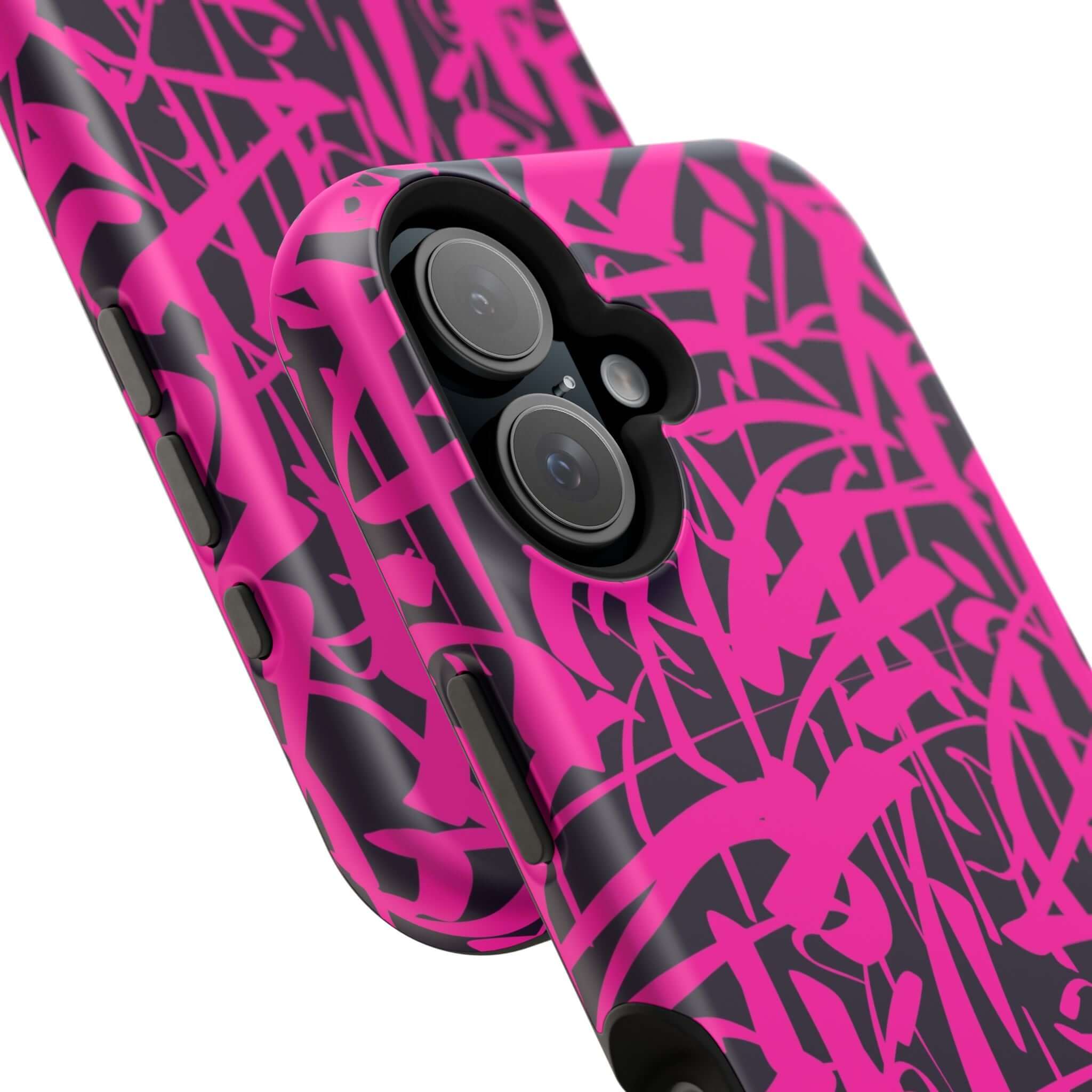 Colorful pink and black art phone cases, showcasing a cute design for iPhone protection and style.