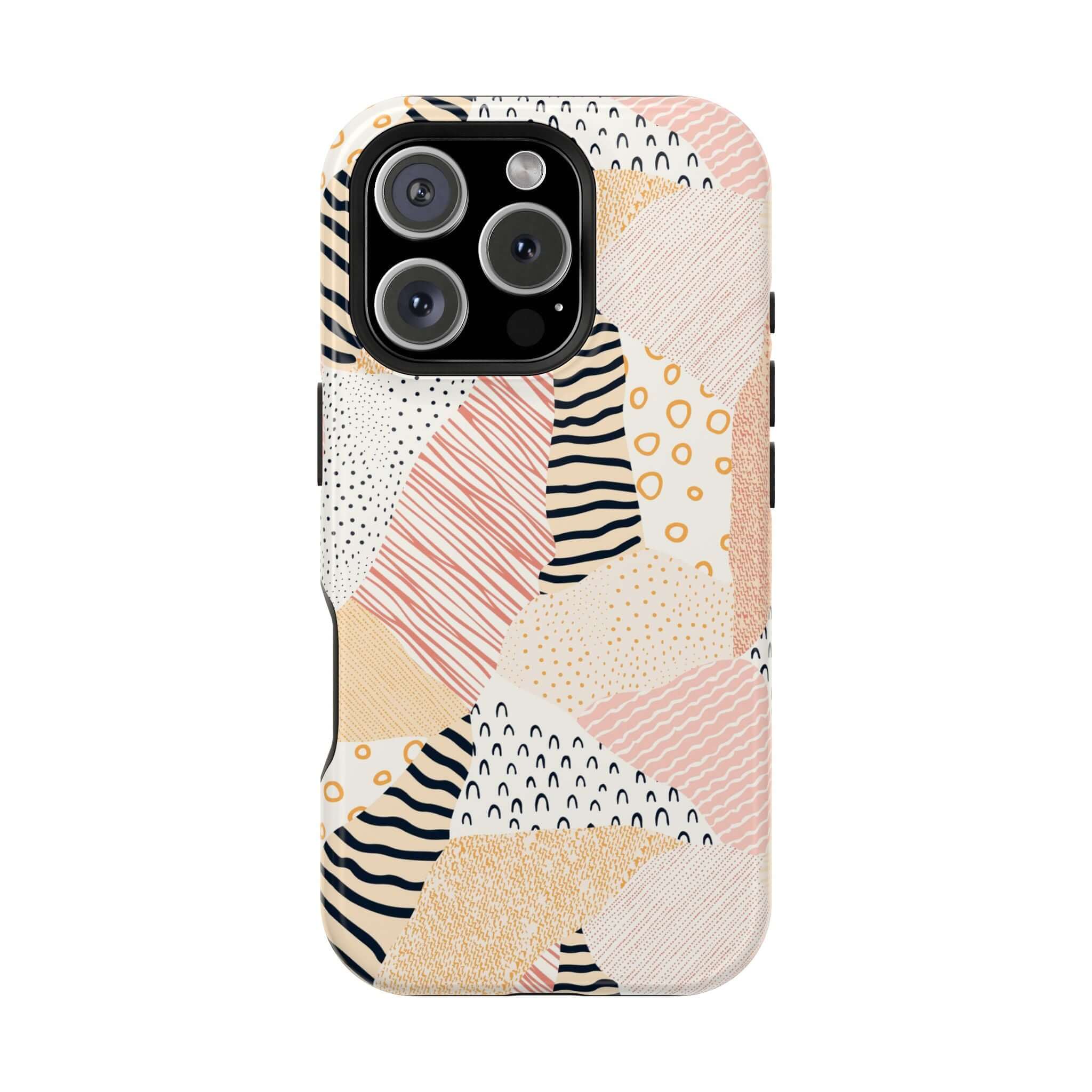 Cute iPhone 16 case with pastel patchwork design featuring vibrant colors and peach accents, perfect for adding fun to your phone.