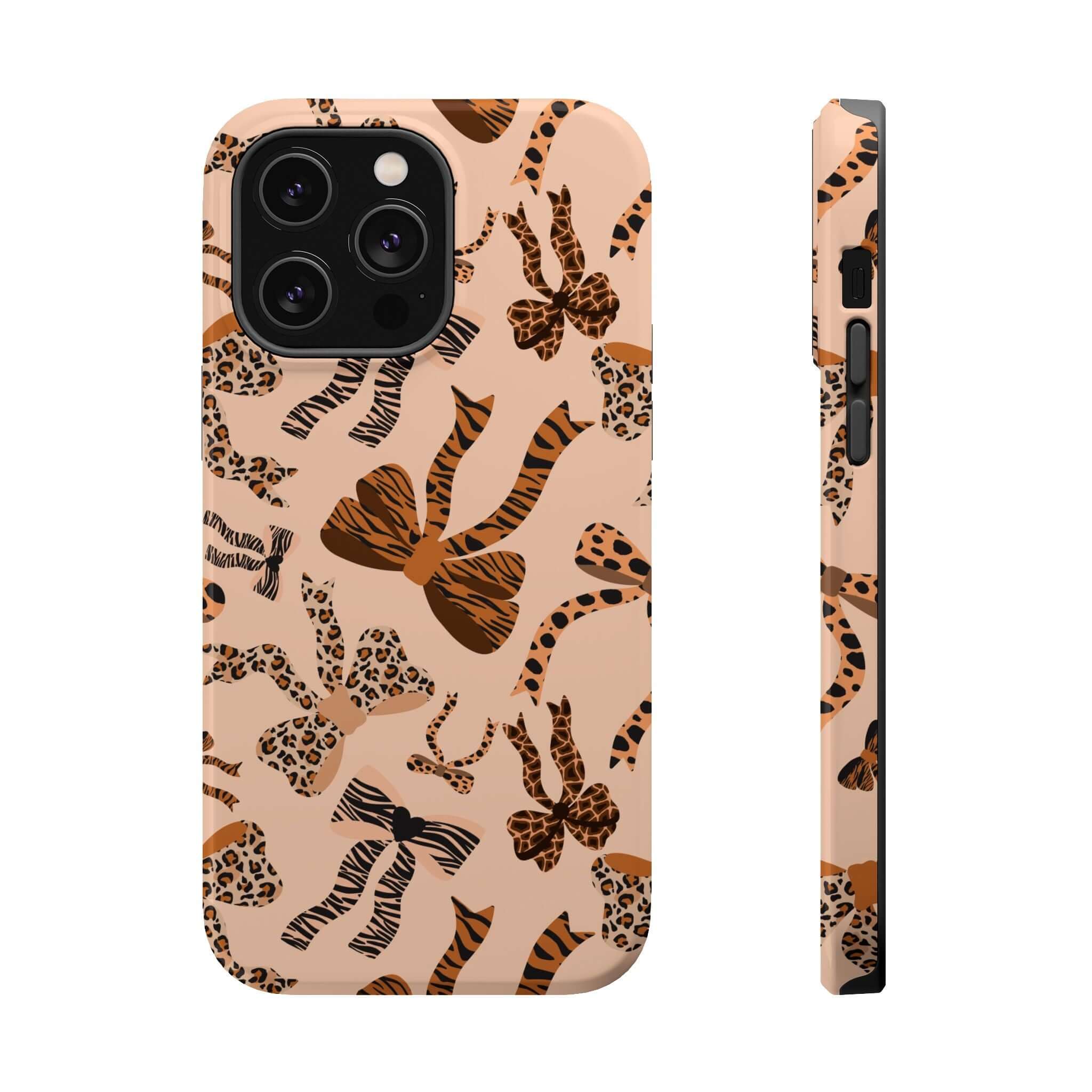 Colorful iPhone case with coquette bows and leopard pattern, cute and abstract design, Safari Coquette MagSafe phone accessory.