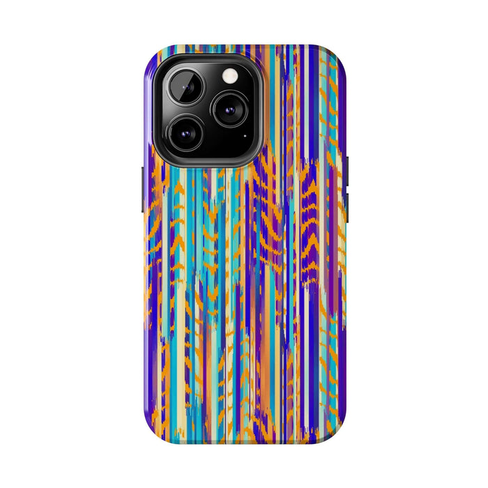 Colorful abstract tie dye iPhone case with vibrant blue, orange, and purple stripes, designed to stand out and protect your phone.